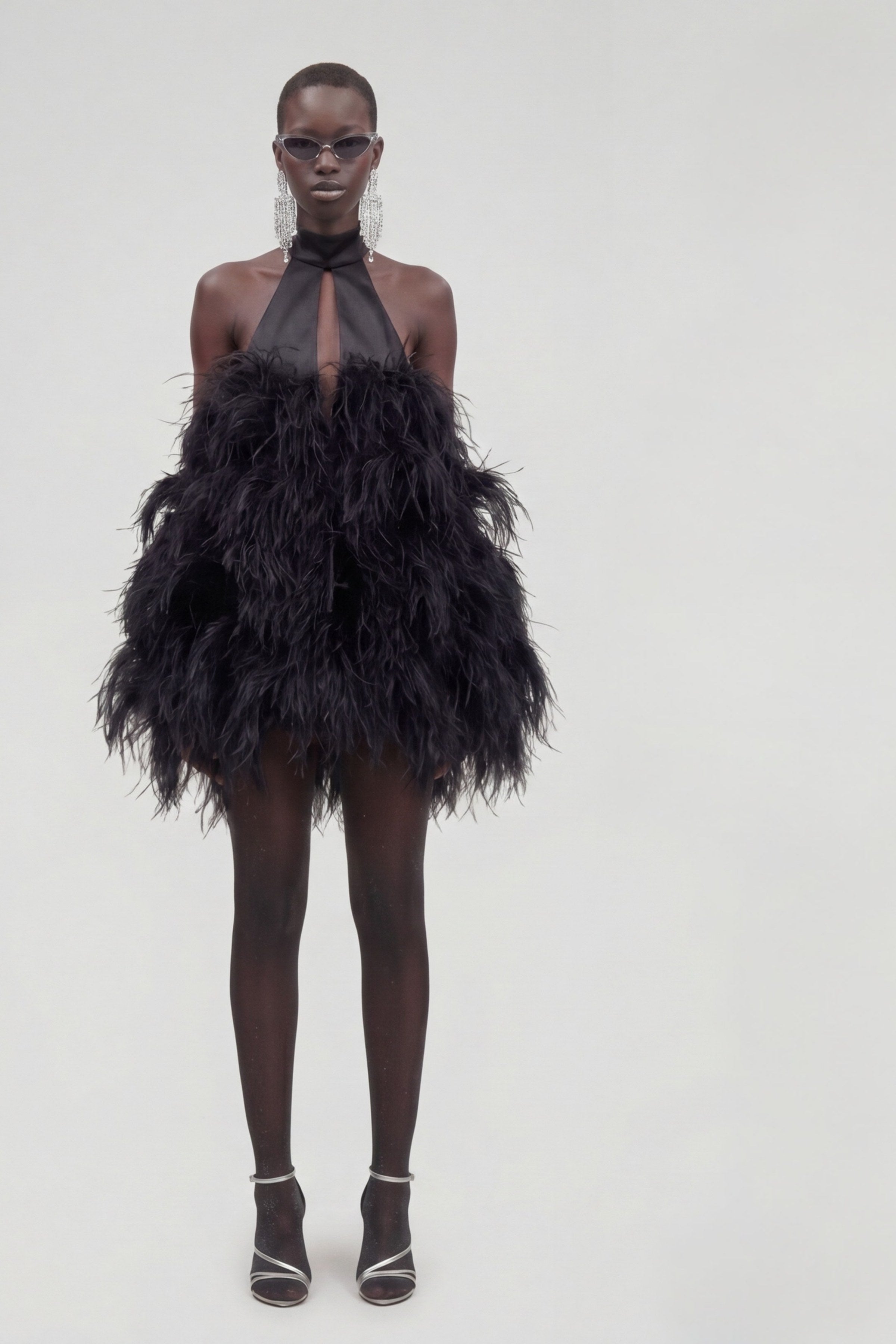BLACK FEATHER HALTER MINI DRESS