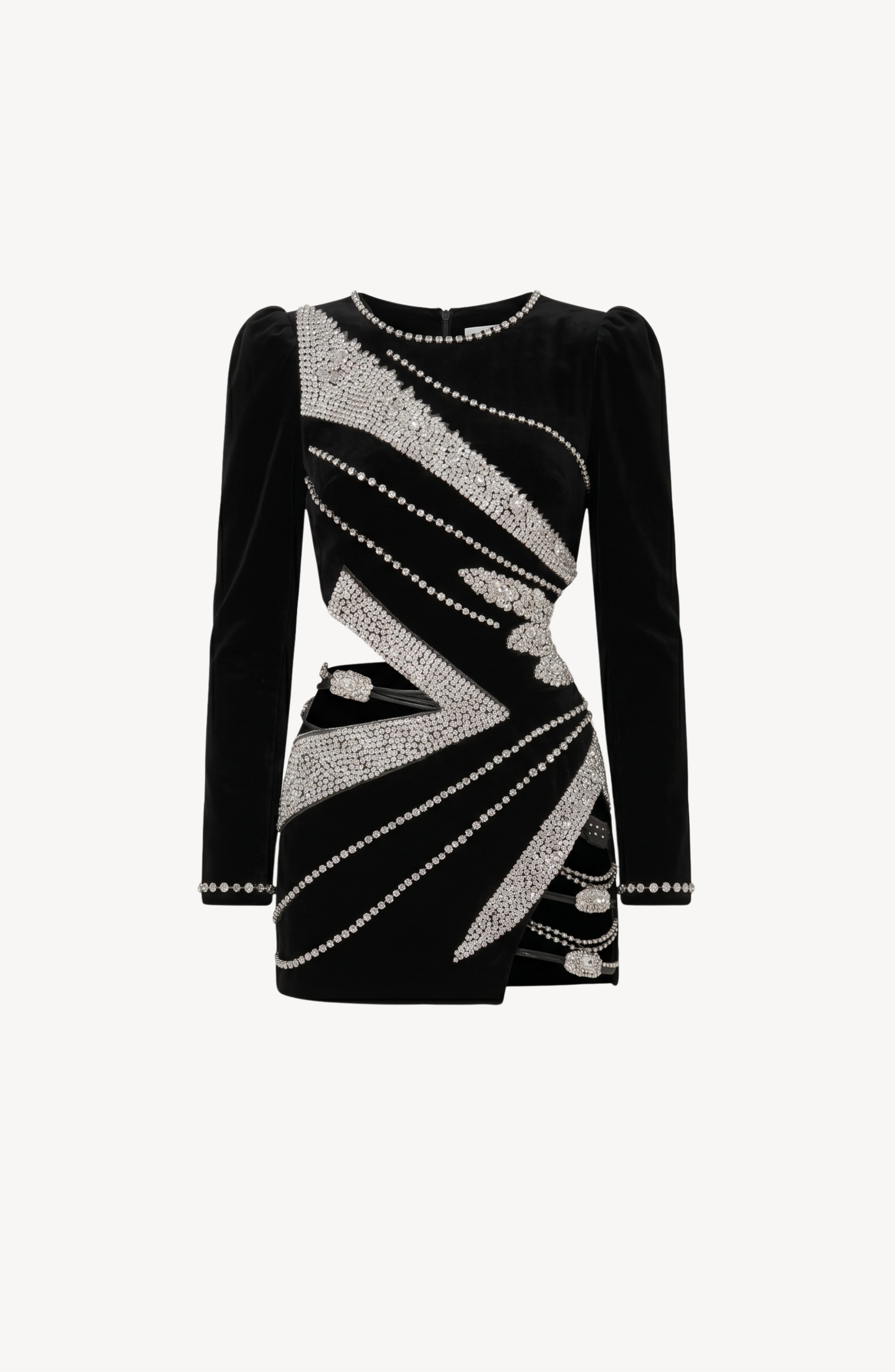 STARBURST CRYSTAL VELVET MINI DRESS in Black — flat lay
