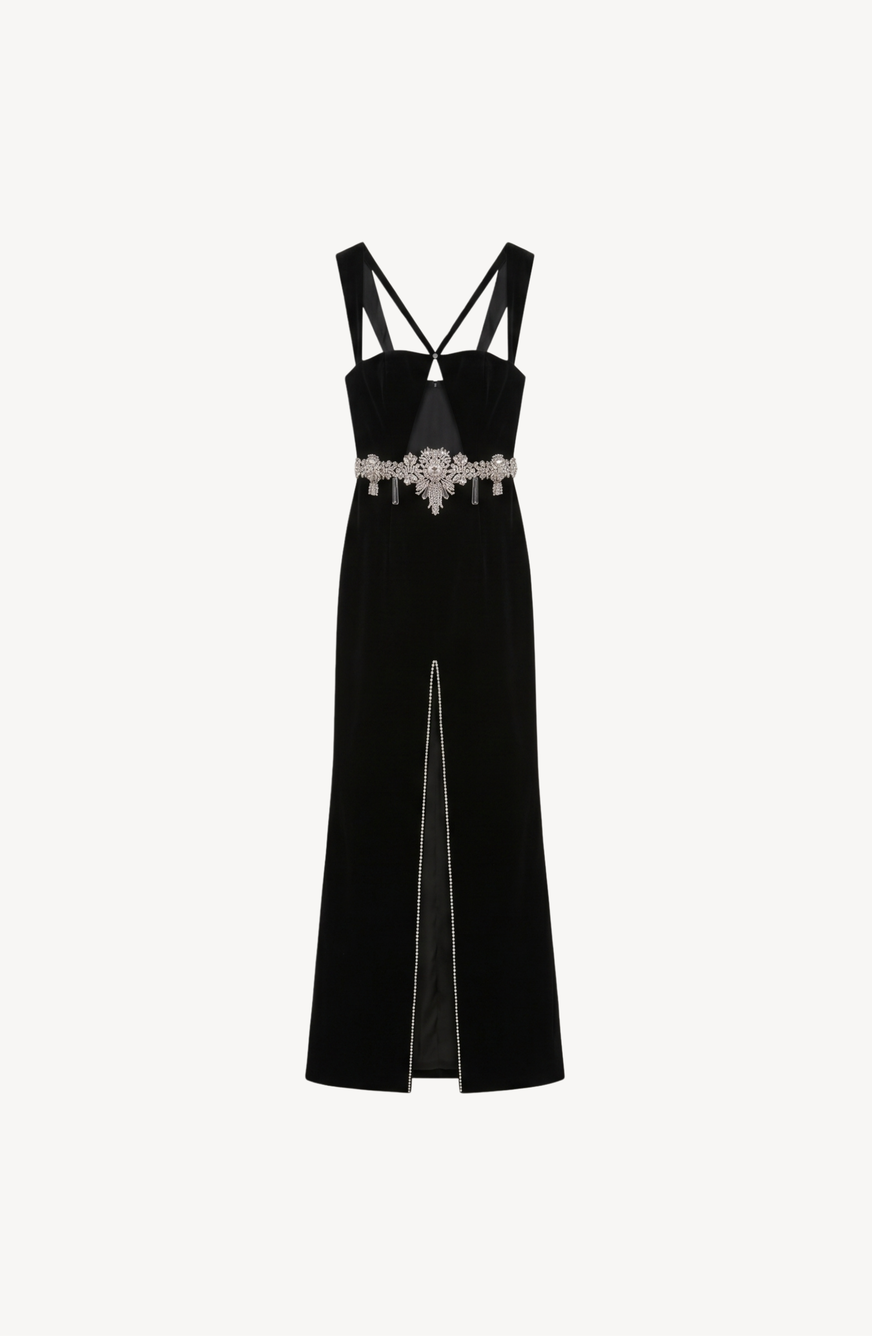 CRYSTAL CUTOUT MAXI GOWN in Black — flat lay