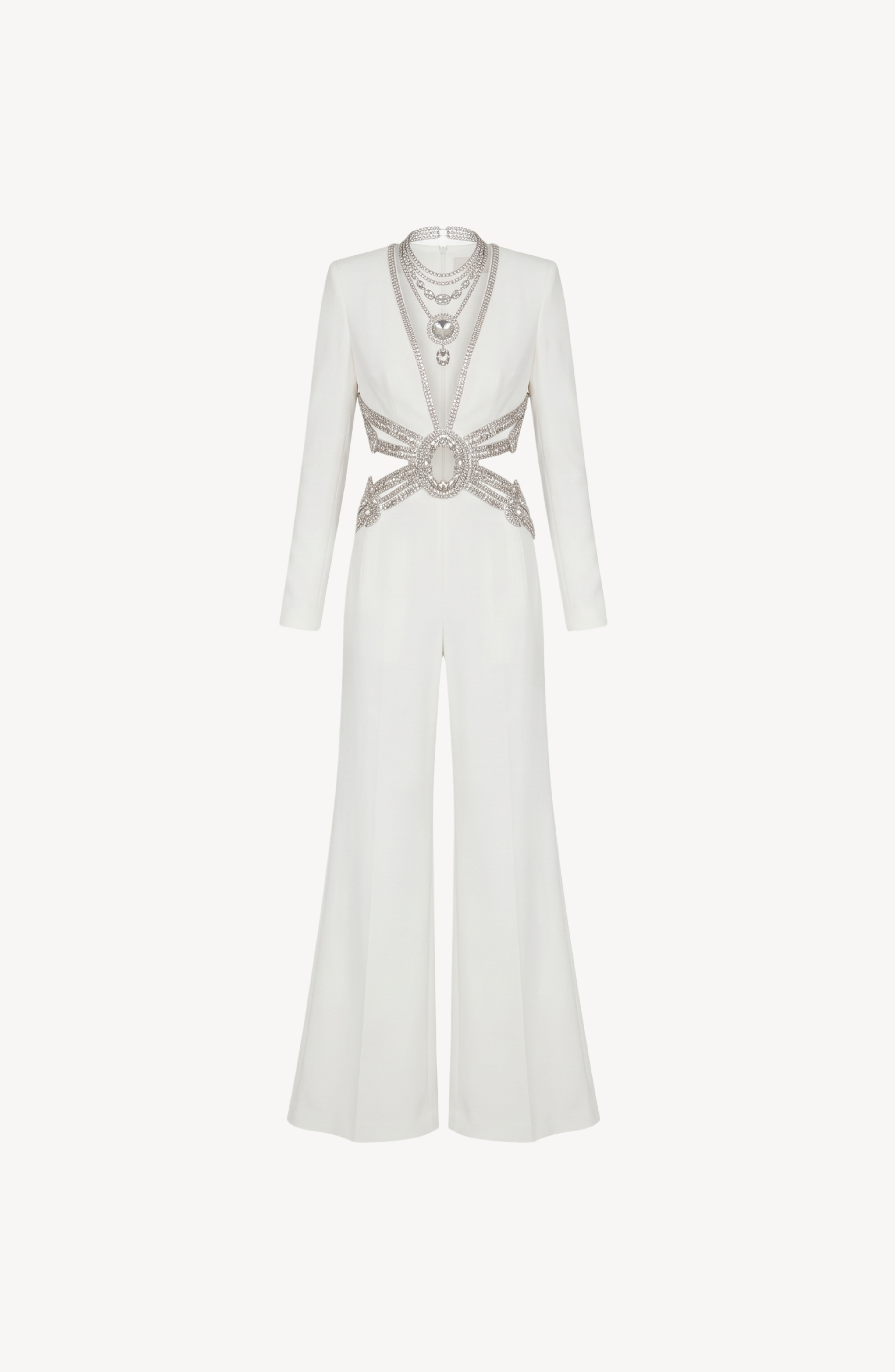 CRYSTAL CUTOUT JUMPSUIT in White — flat lay