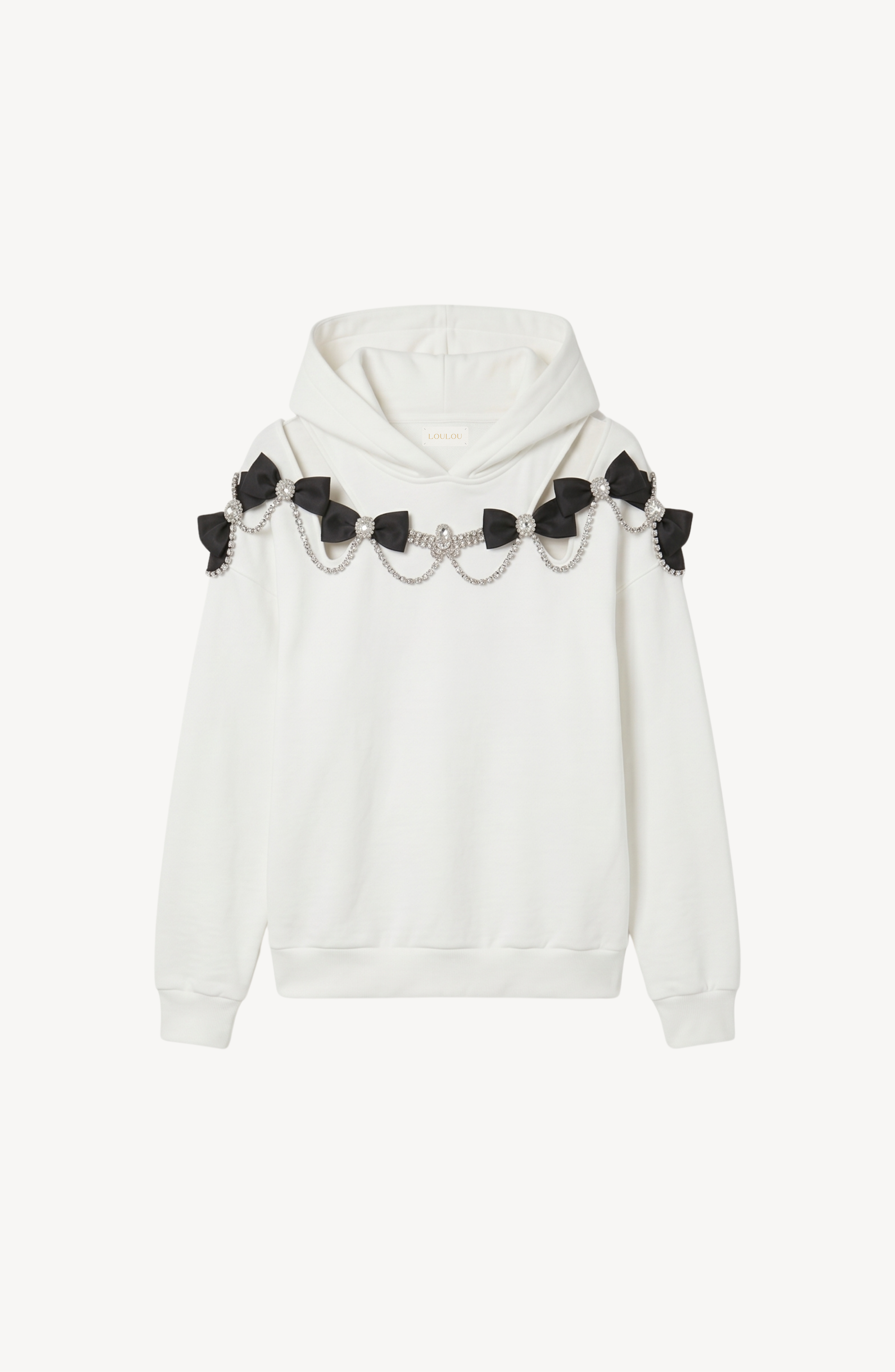 VELVET BOW CHAIN HOODIE in White — flat lay