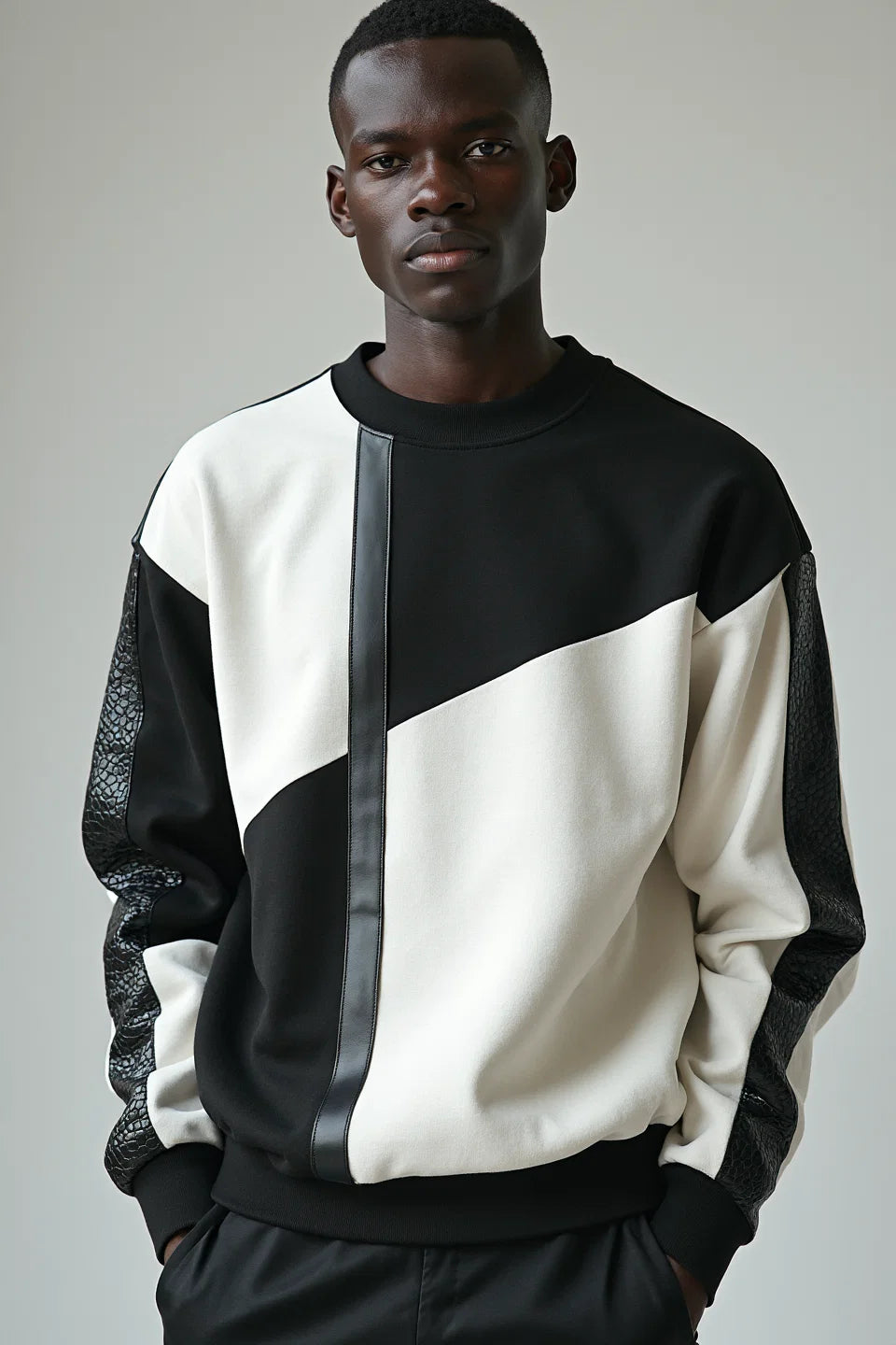 Diagonal-Panel Crewneck Sweatshirt