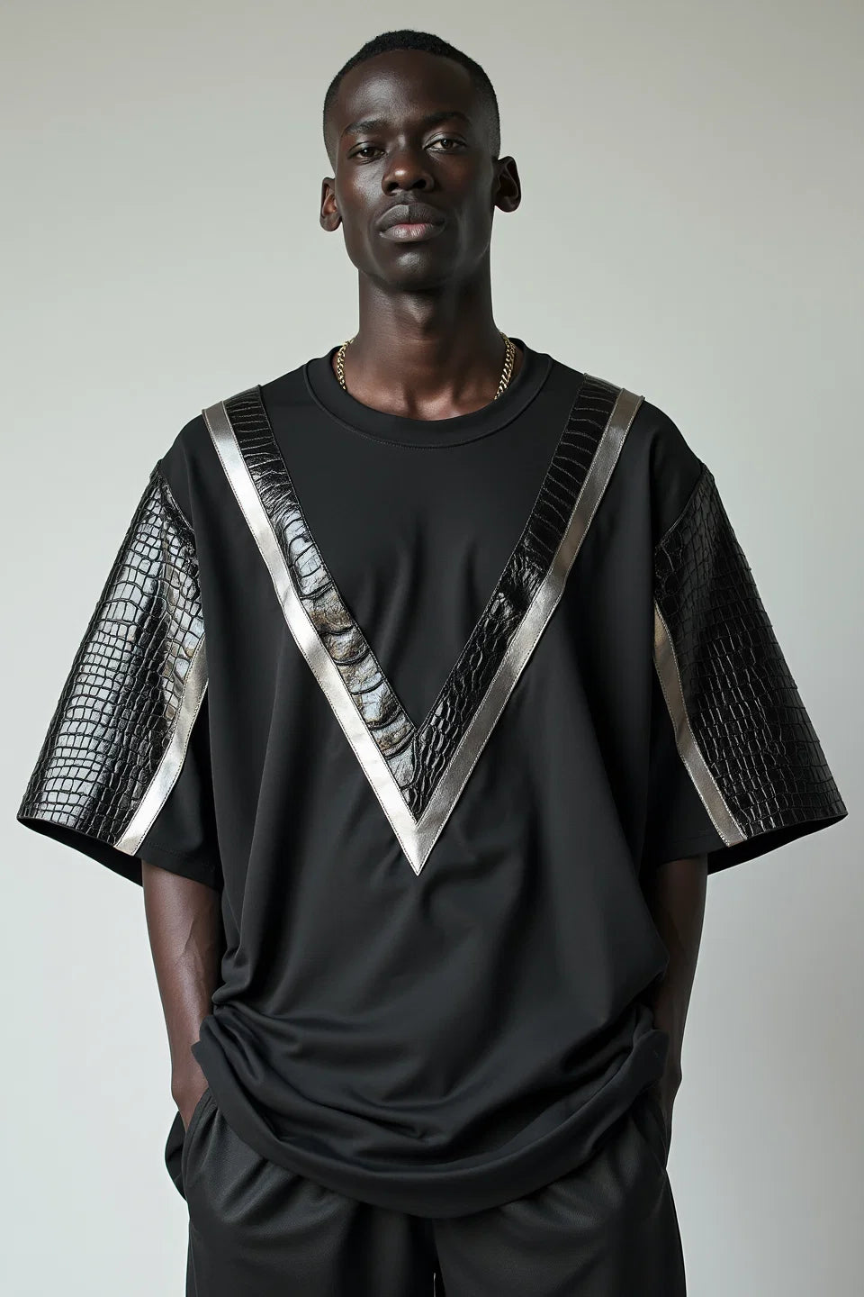 Metallic Chevron T-Shirt in Faux Leather Detailing