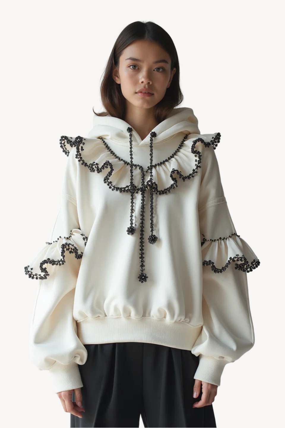 JEWELED RUFFLE HOODED SWEATSHIRT