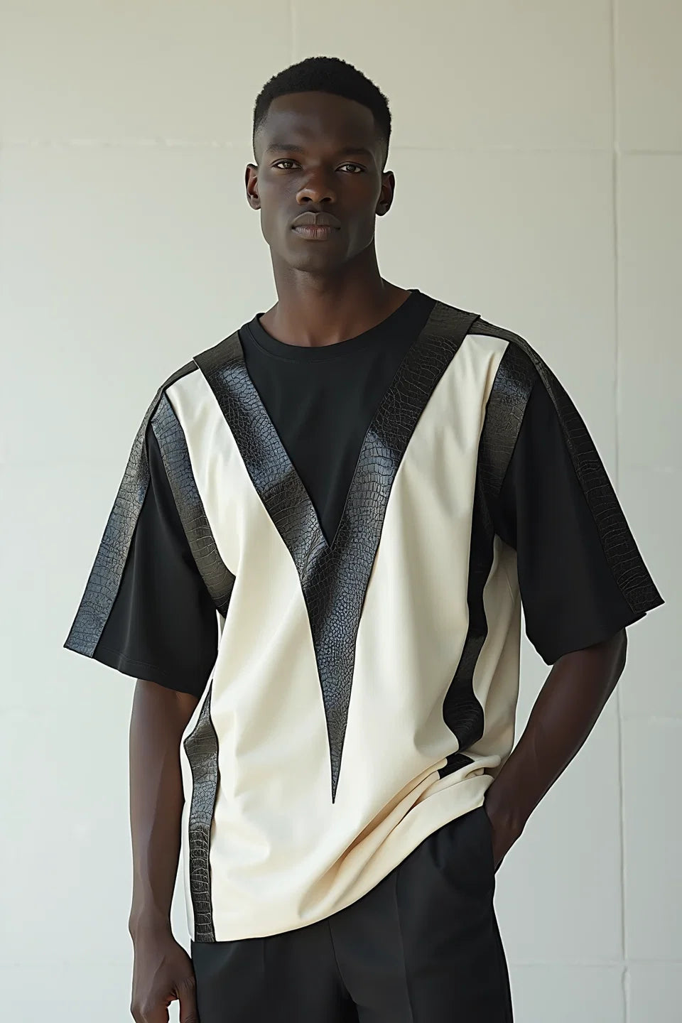 Chevron Contrast T-Shirt in Faux Leather Detailing