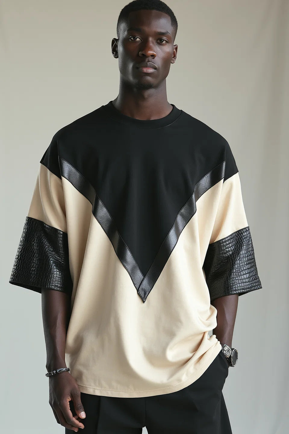 Chevron Contrast T-Shirt in Faux Leather Detailing