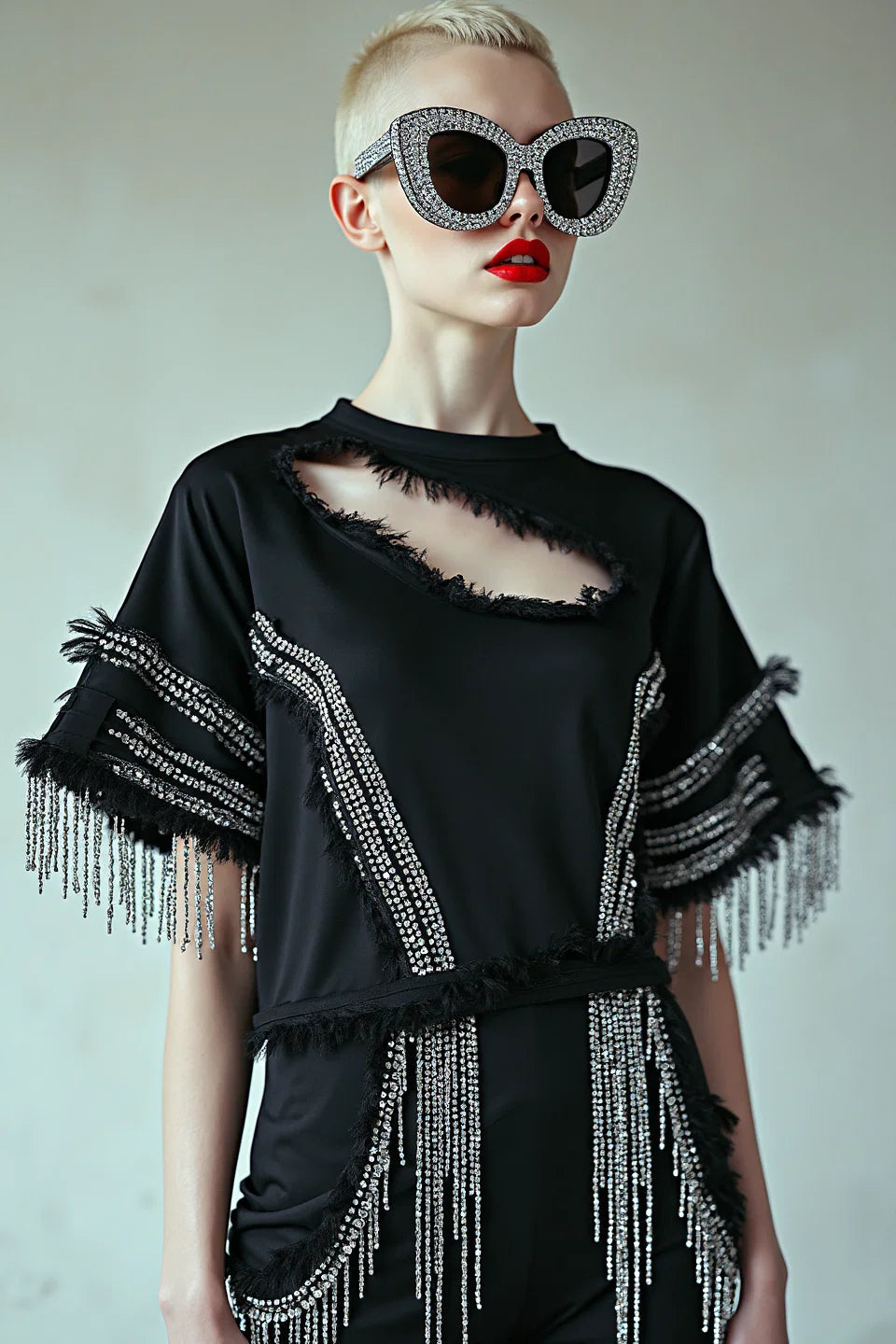 SHATTERED LUXE - CRYSTAL-EMBELLISHED FRINGED TEE