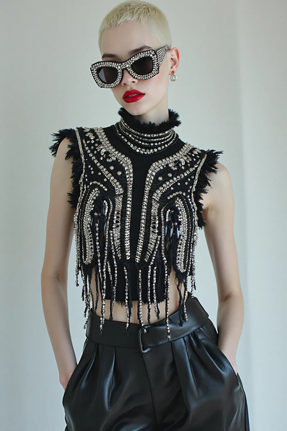 MIDNIGHT REIGN - CRYSTAL EMBELLISHED HIGH-NECK CROP TOP