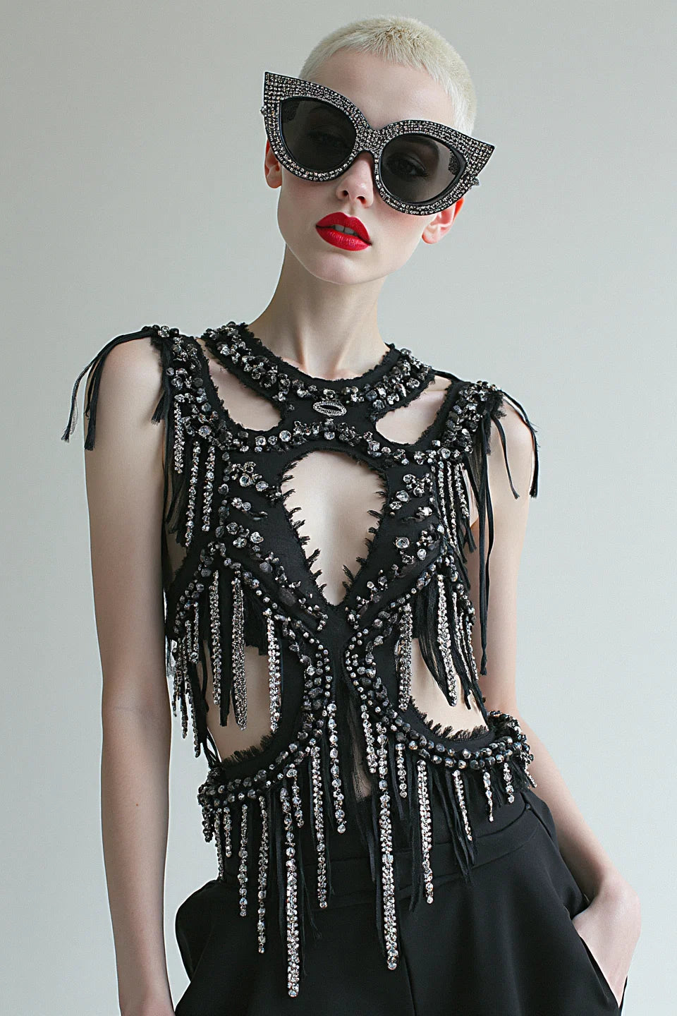 NOCTURNAL TEMPTATION - CUT-OUT CRYSTAL EMBELLISHED CROP TOP