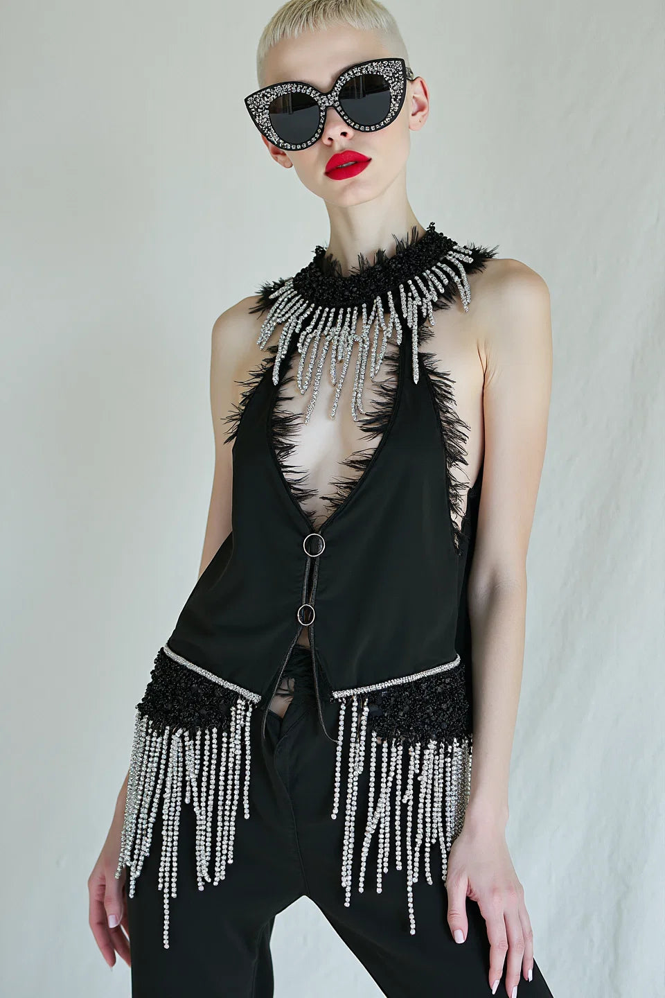 MIDNIGHT CASCADE - EMBELLISHED FRINGE VEST