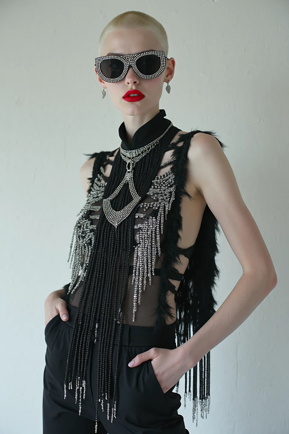 NOCTURNAL EMPRESS - SHEER EMBELLISHED FRINGE TOP