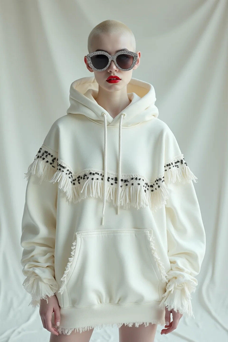 FRINGED EMBELLISHED HOODED SWEATSHIRT