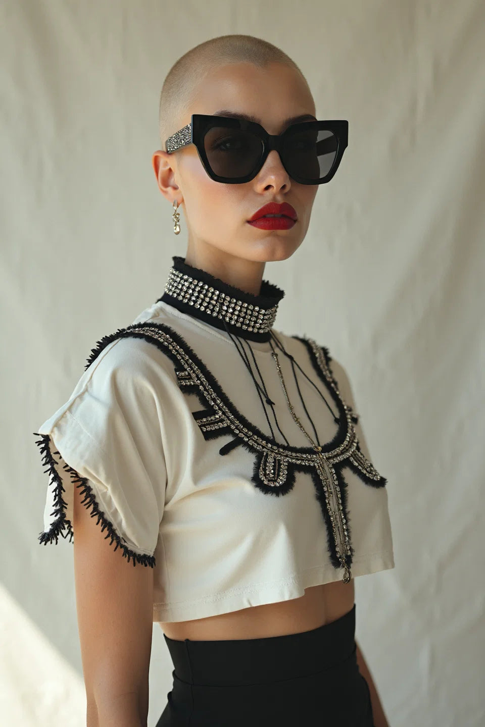 CRYSTAL-EMBELLISHED CROP TOP WITH HIGH COLLAR