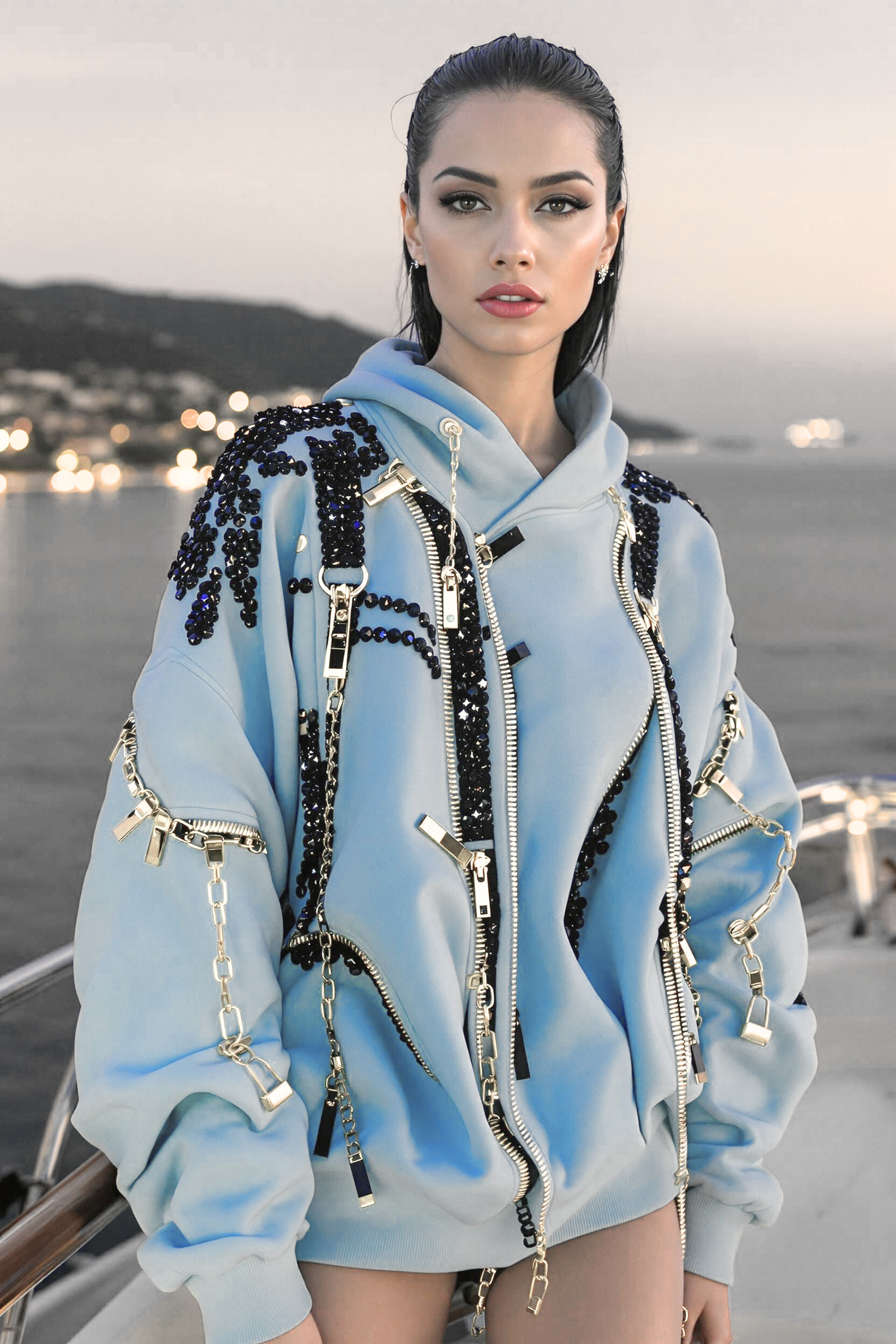 ZIP & CHAIN EMBELLISHED HOODIE