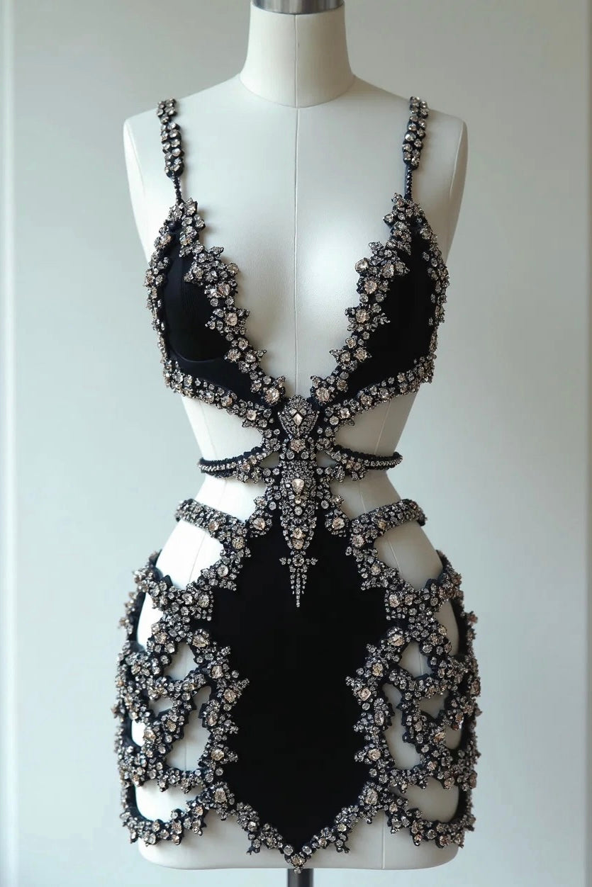 CRYSTAL-ENCRUSTED CUTOUT MINI DRESS