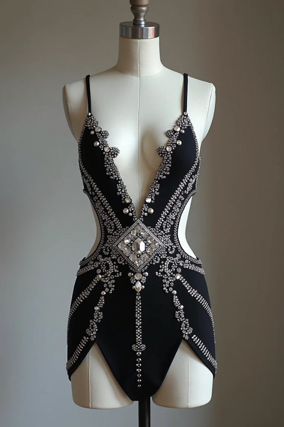 DIAMOND EMBELLISHED CUTOUT BODYSUIT DRESS