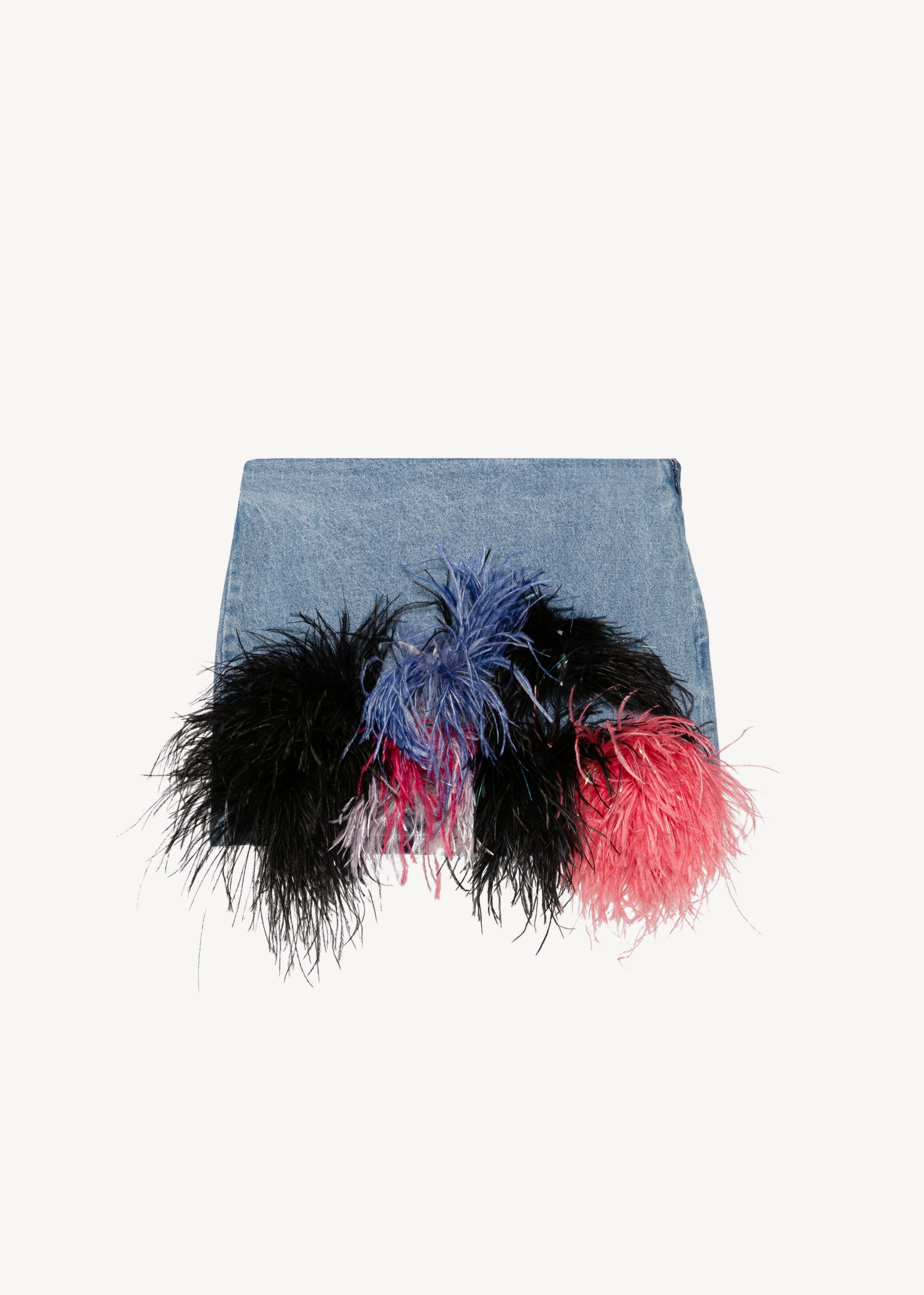 feather-trim denim mini skirt