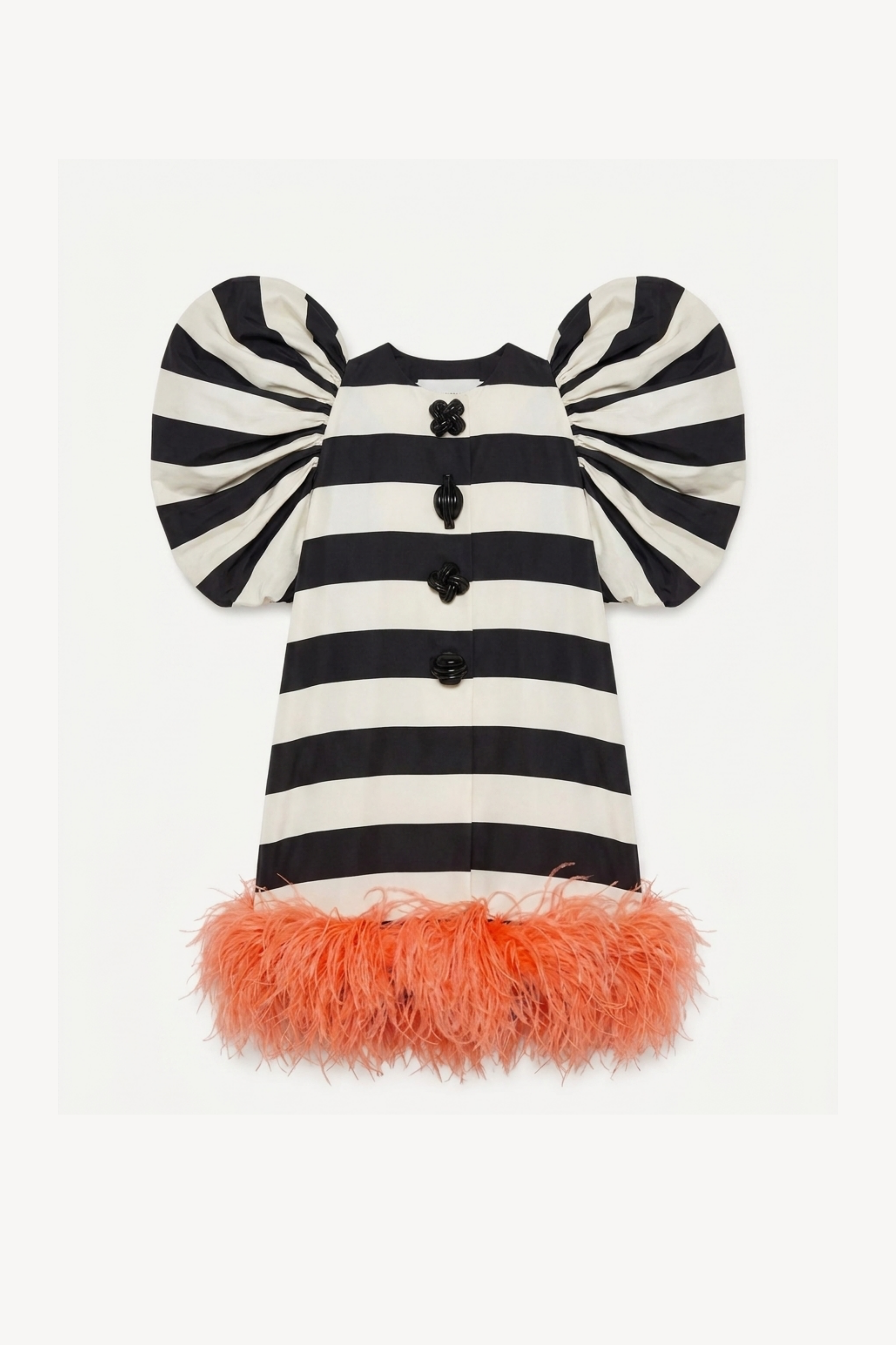 Ivory Striped Puff Sleeve Feather Mini Dress