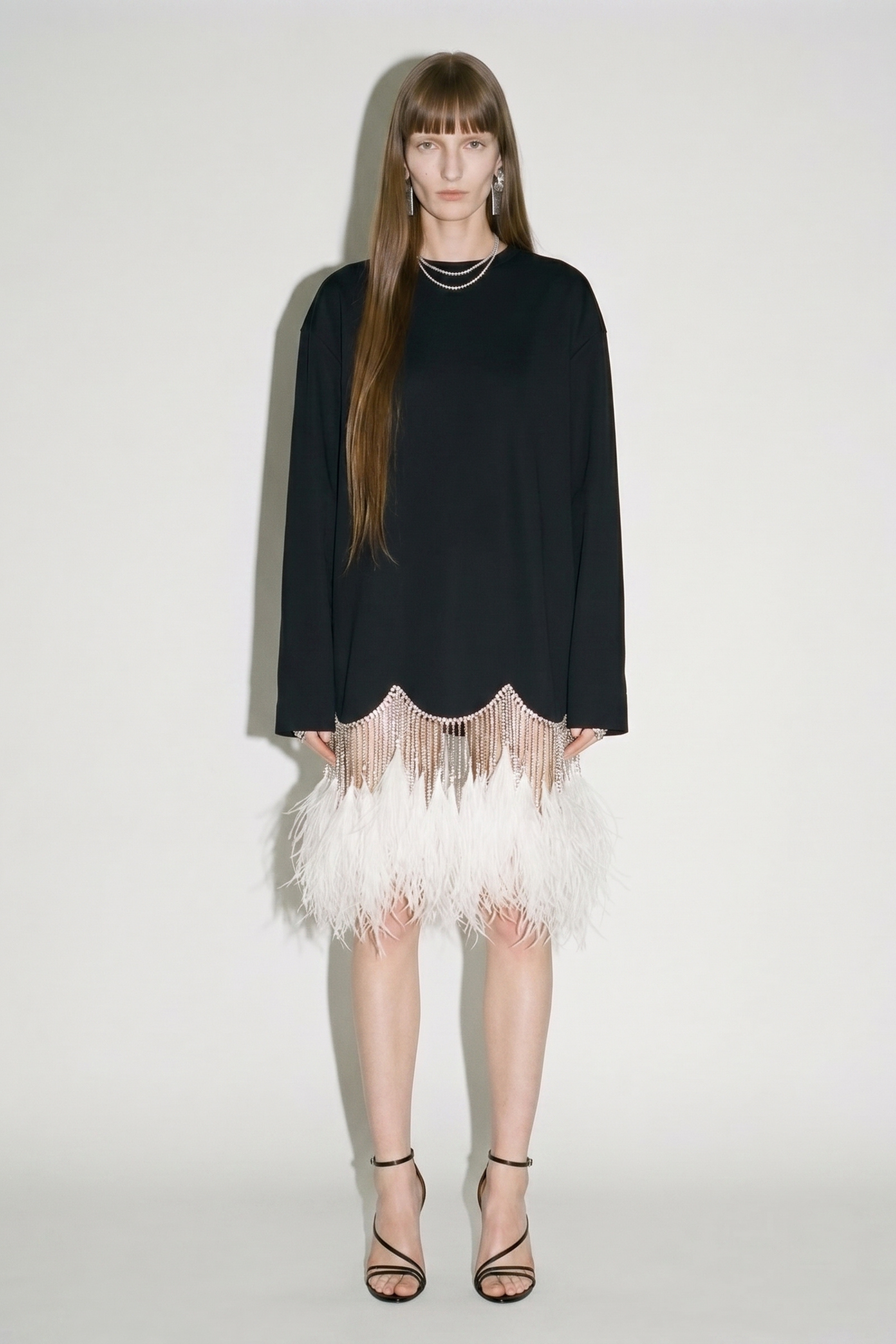 Black Crystal Feather Long Sleeve Mini Dress