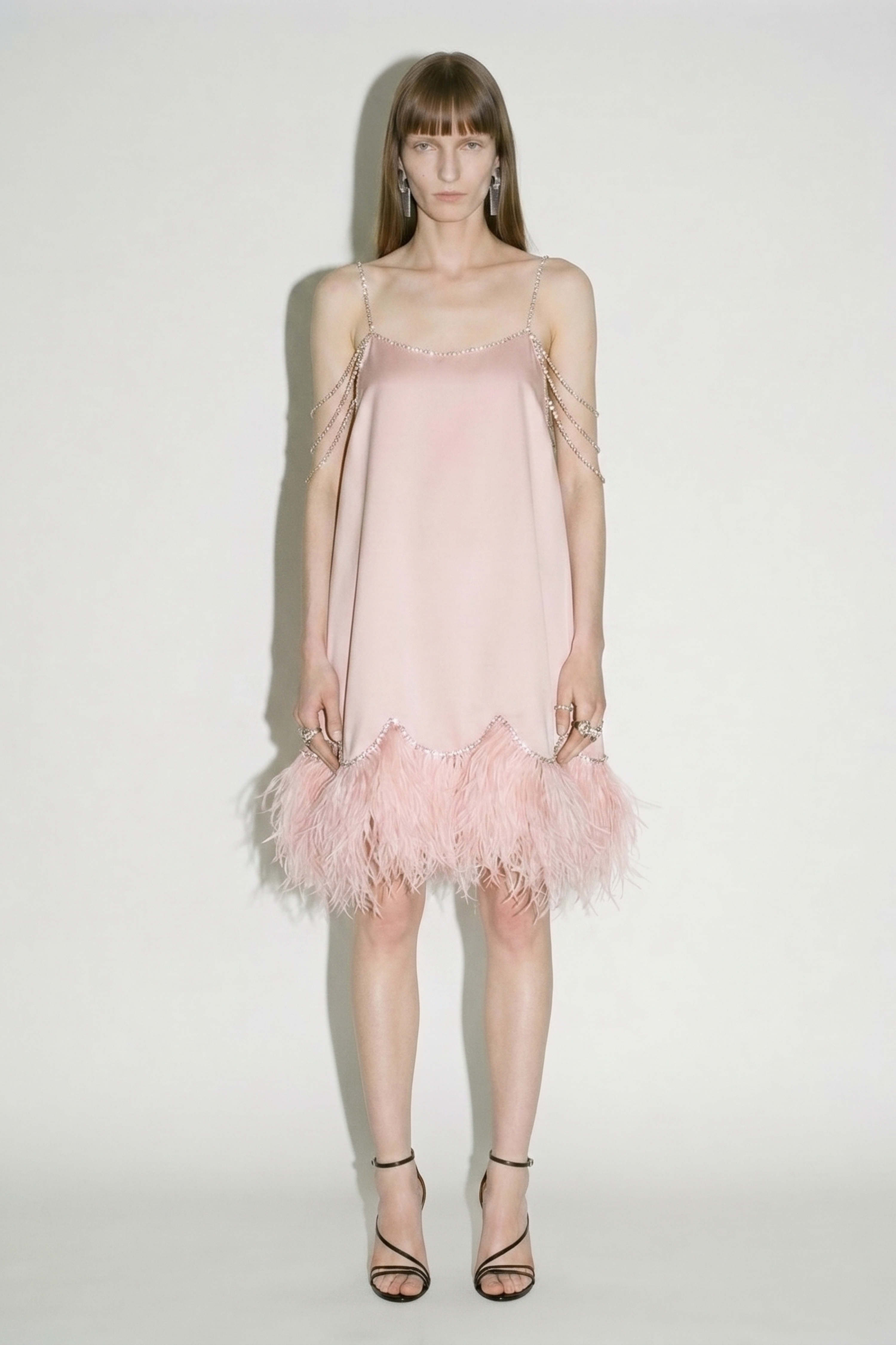 Pink Feather Trim Mini Dress