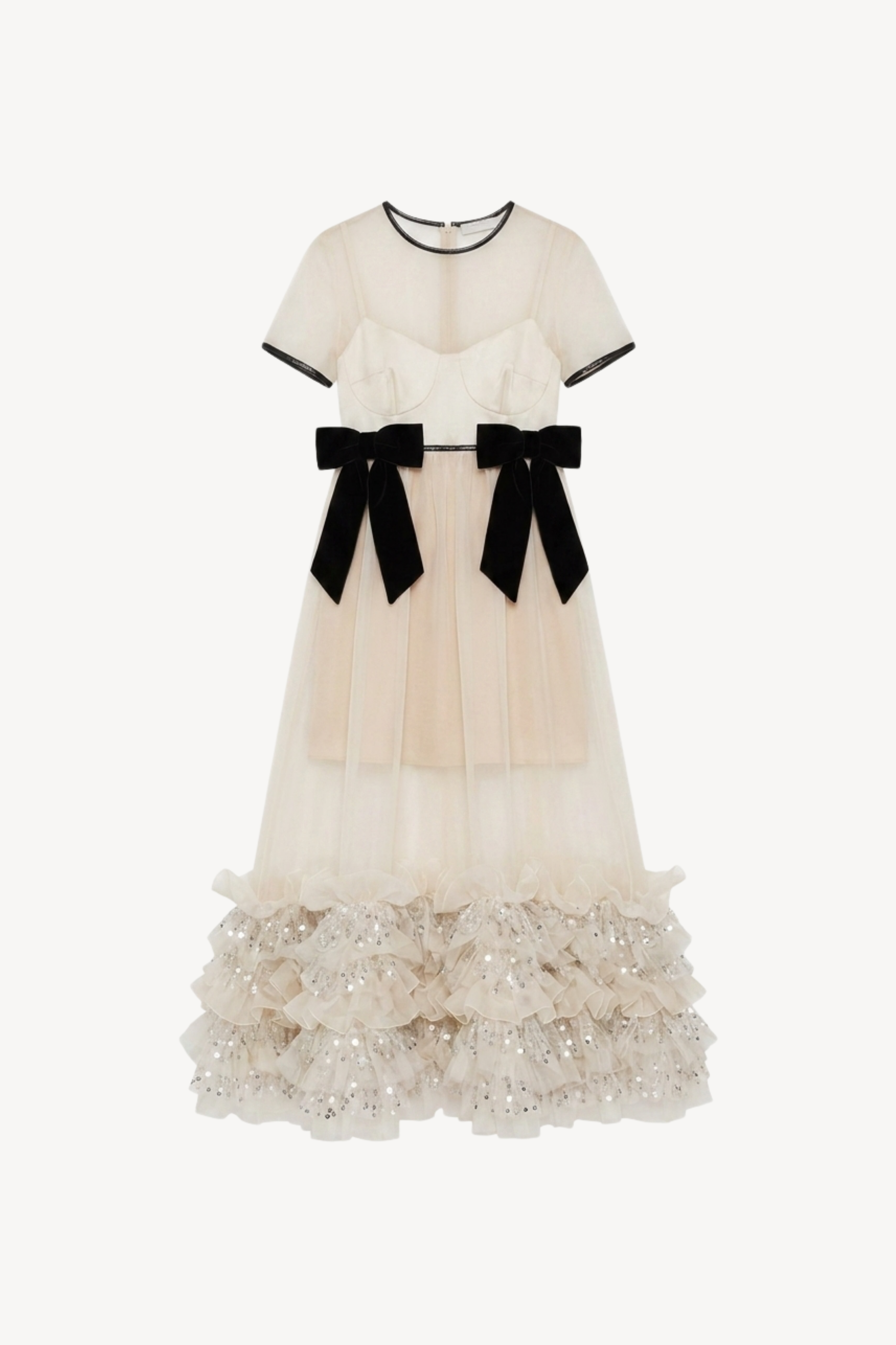 Ivory Tulle Black Bow Ruffle Maxi Dress
