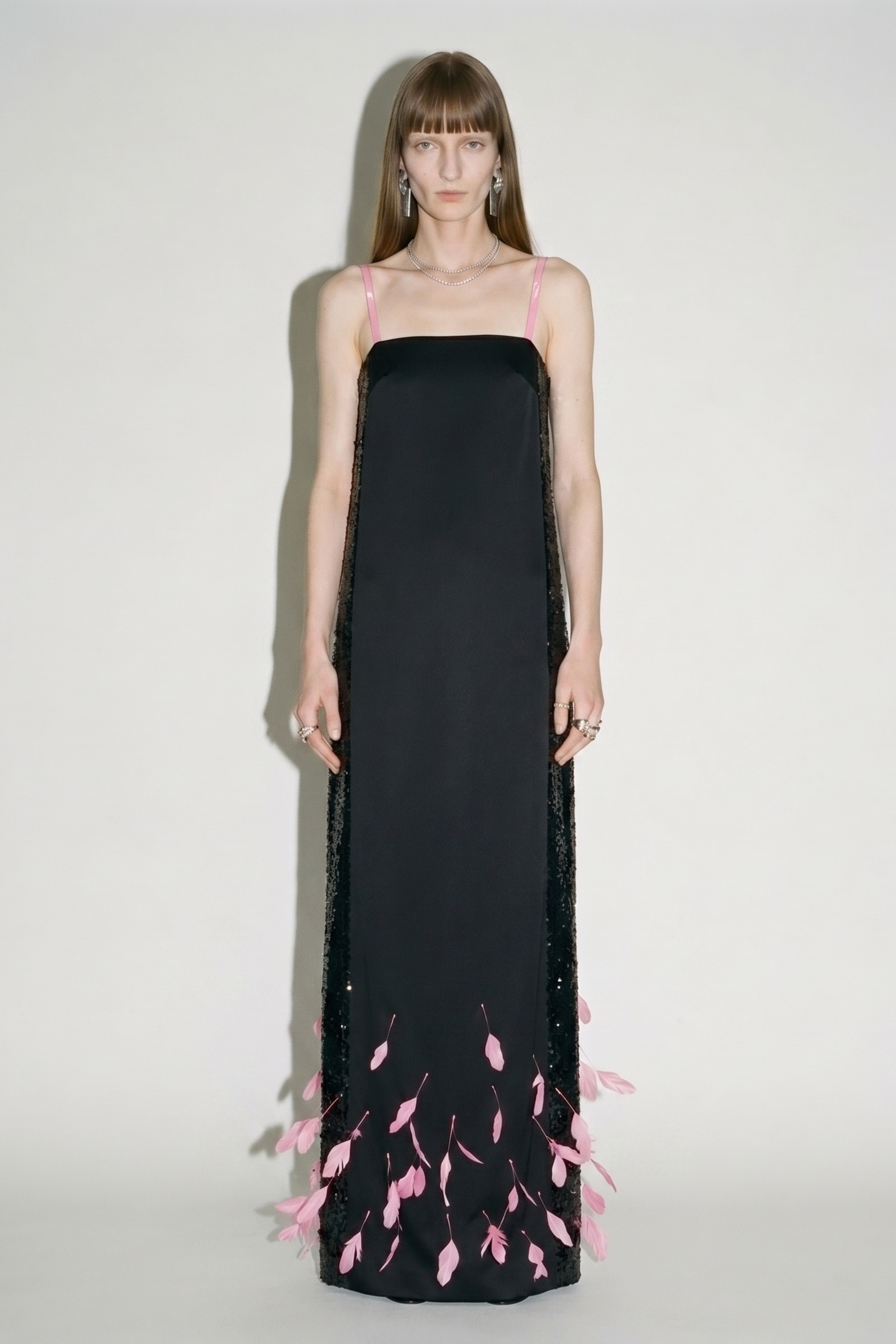 Black Pink Feather Sequin Maxi Dress