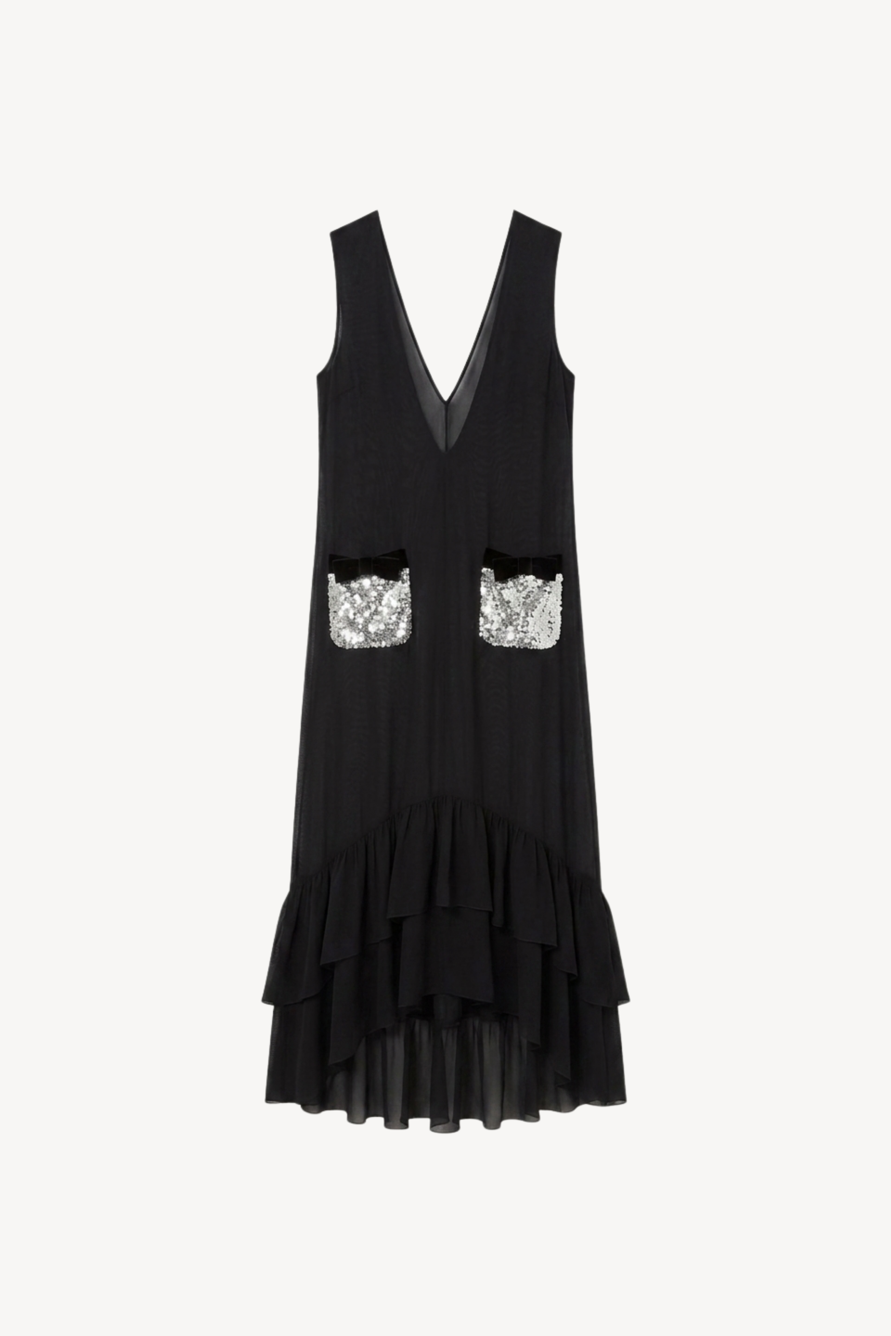Black Sequin Pocket Ruffle Maxi Dress