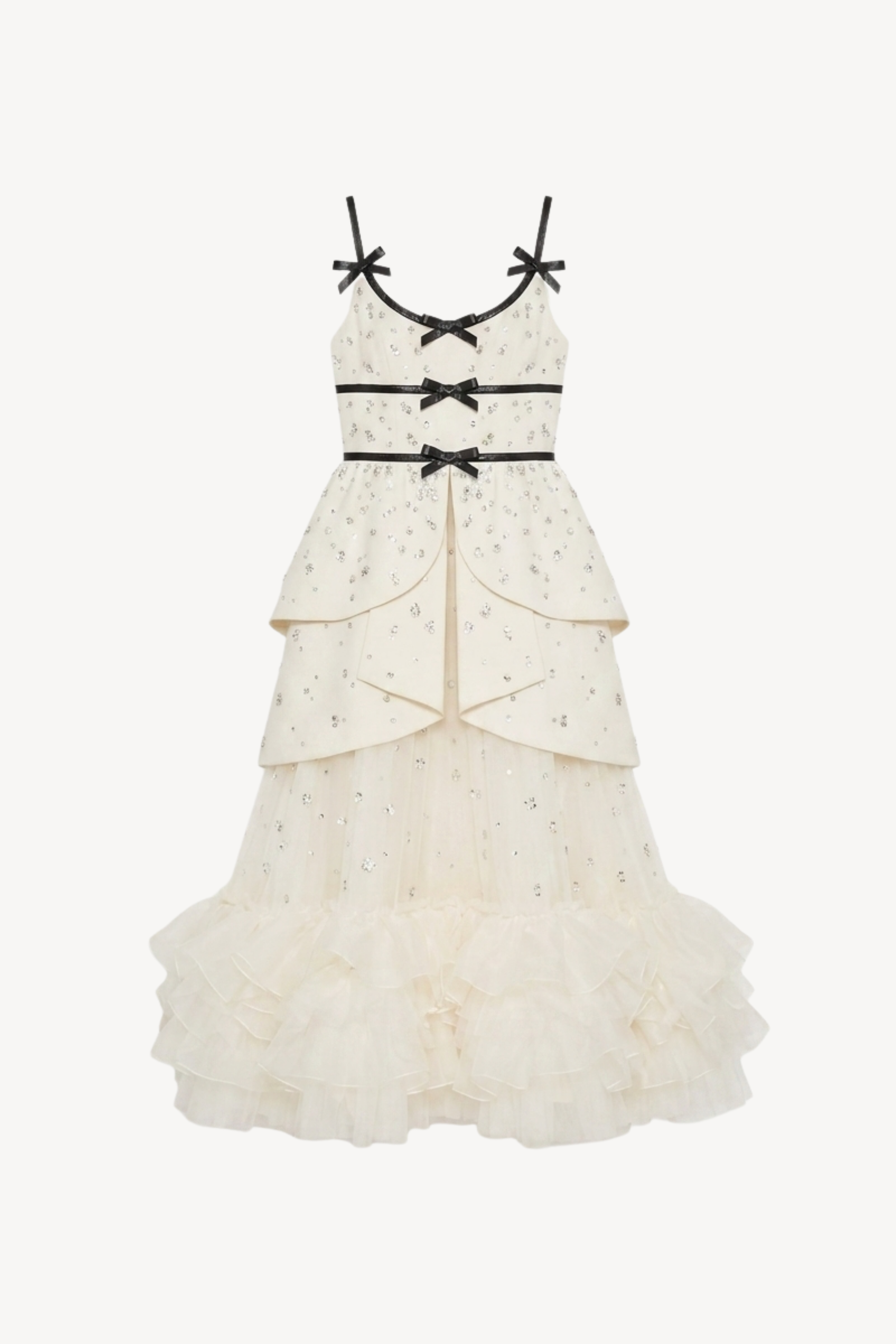 Ivory Black Bow Crystal Ruffle Maxi Dress