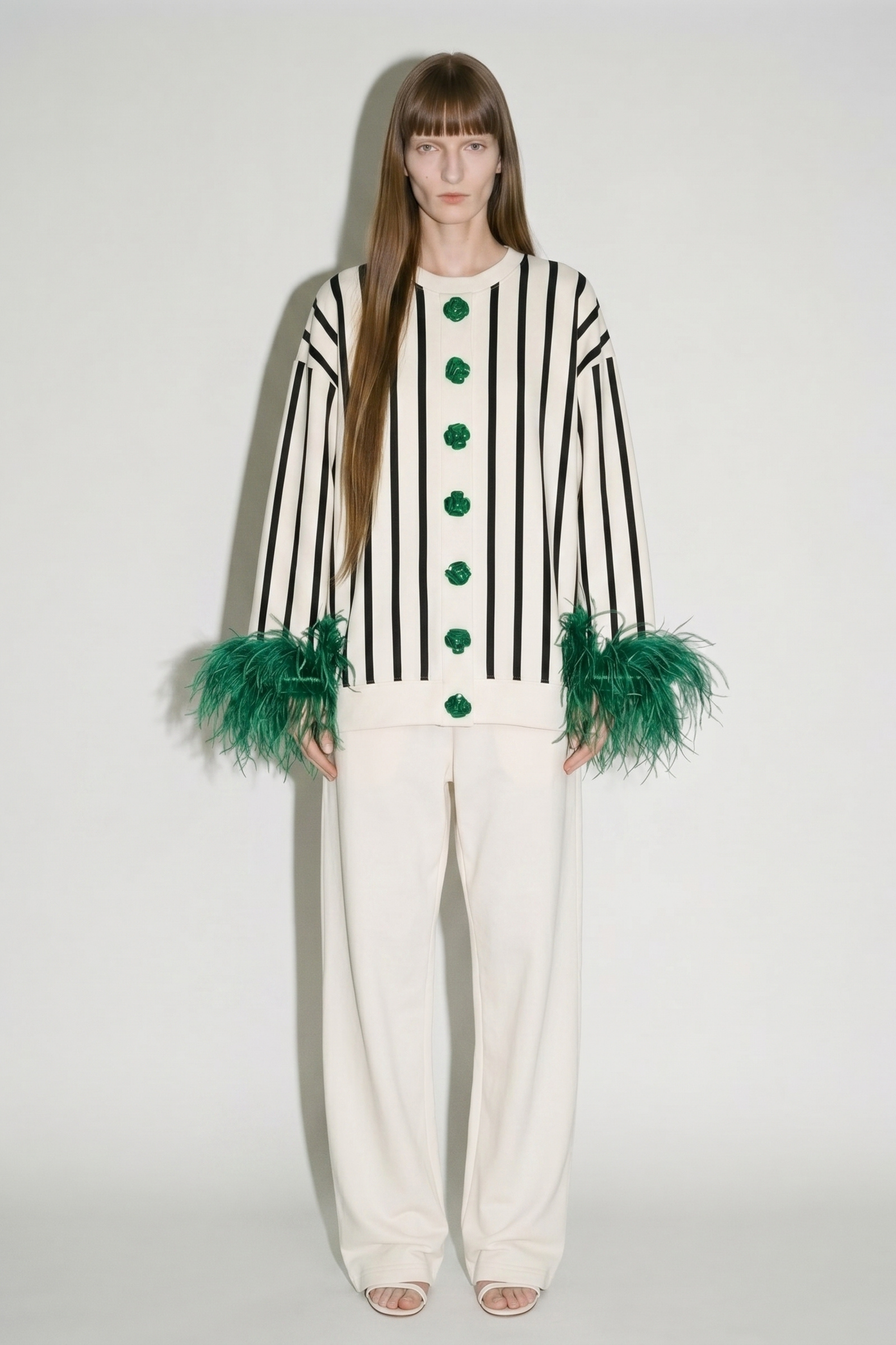 Ivory Black Striped Green Feather Cardigan