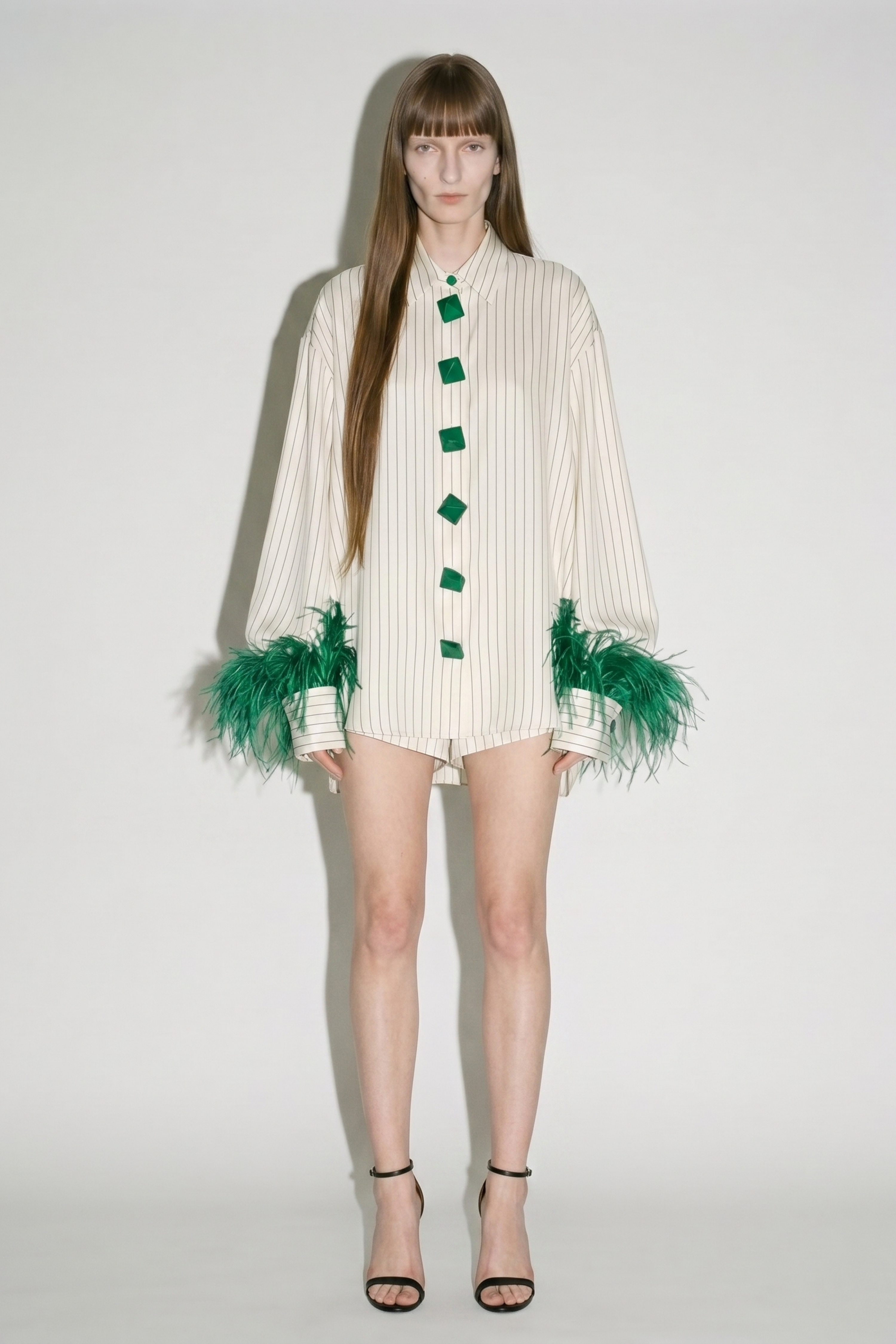 Ivory Green Striped Feather Shirt