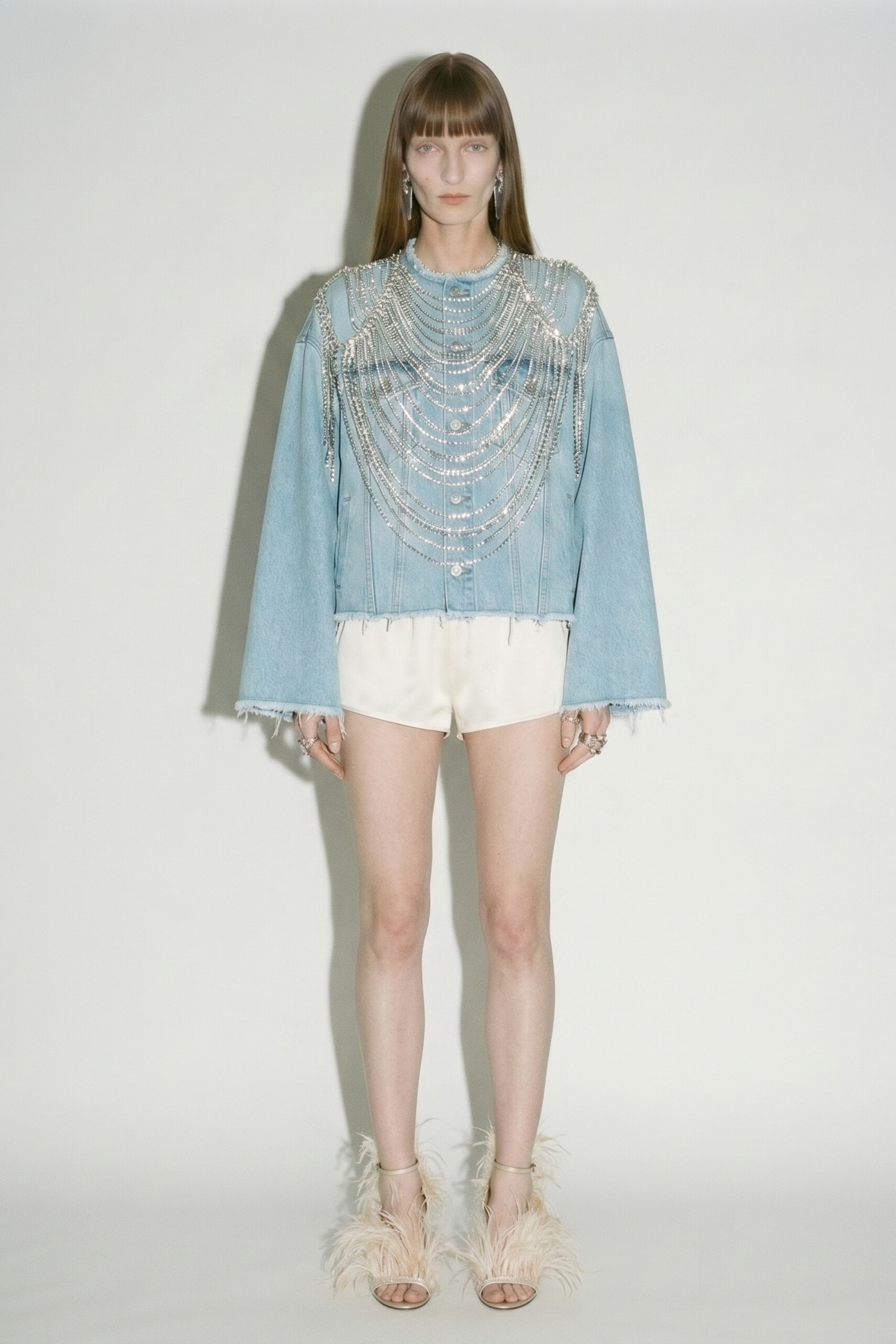 Light Blue Crystal Fringe Denim Jacket