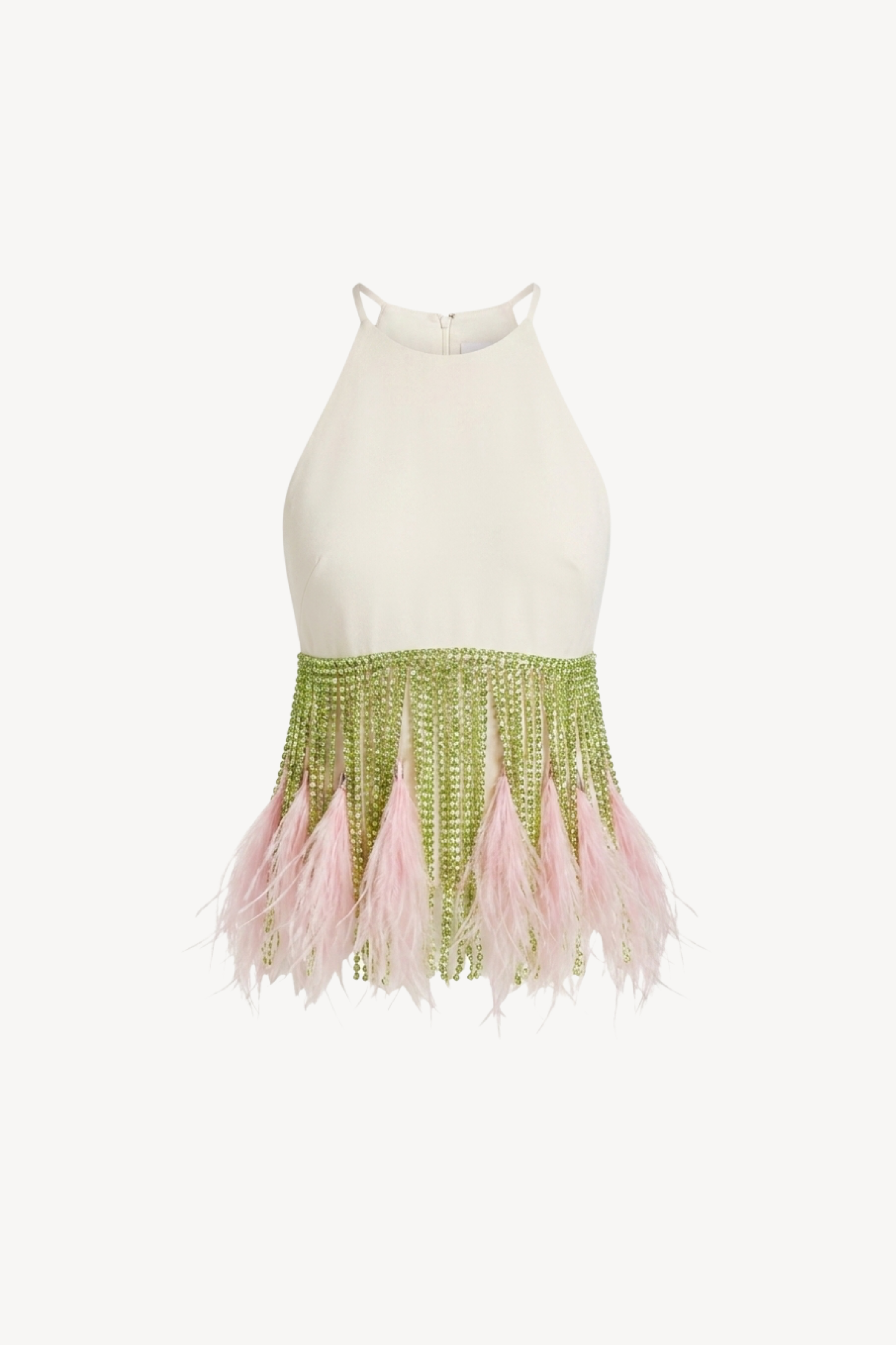 Ivory Lime Crystal Pink Feather Halter Top