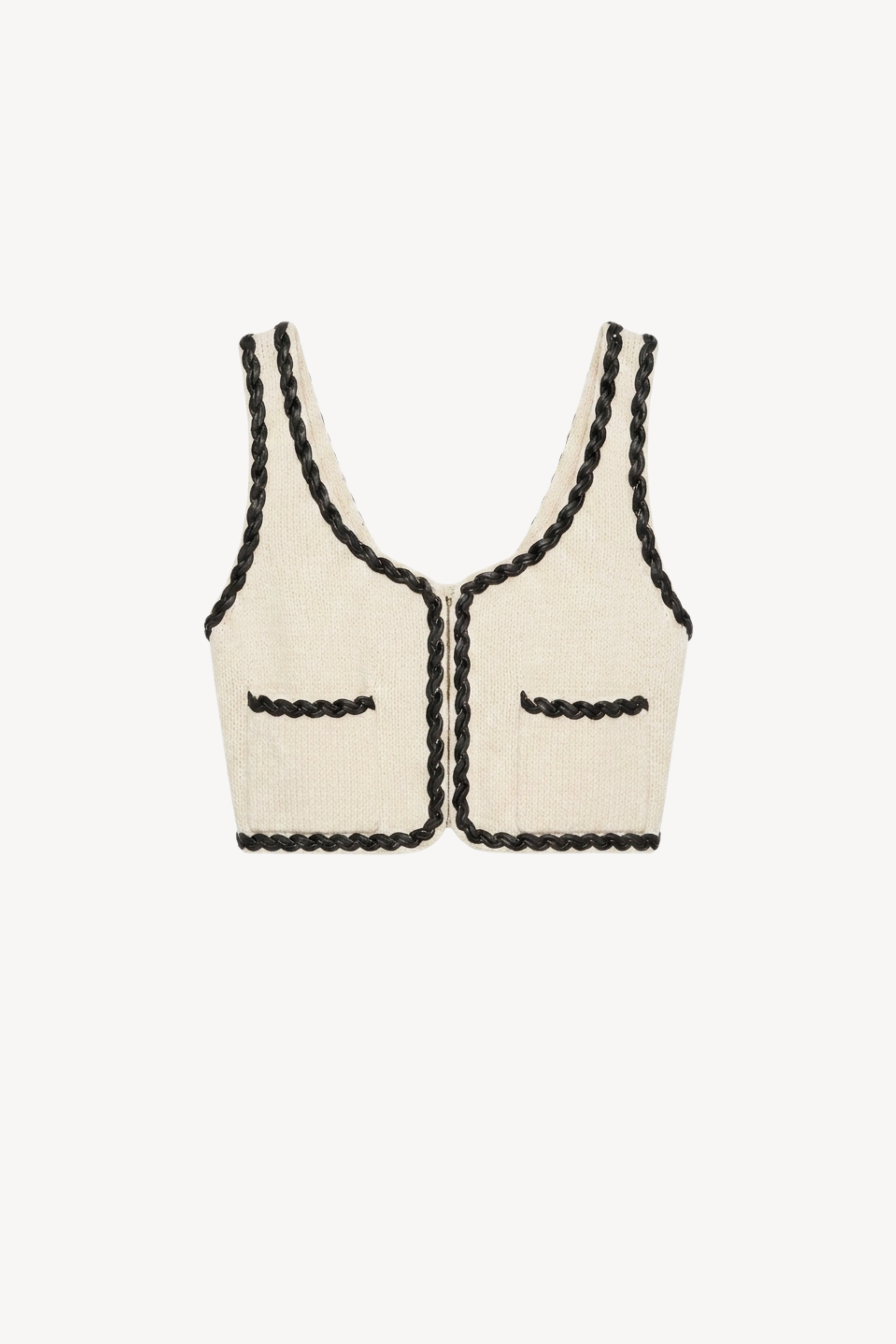 Ivory Black Braid Trim Cropped Vest Top