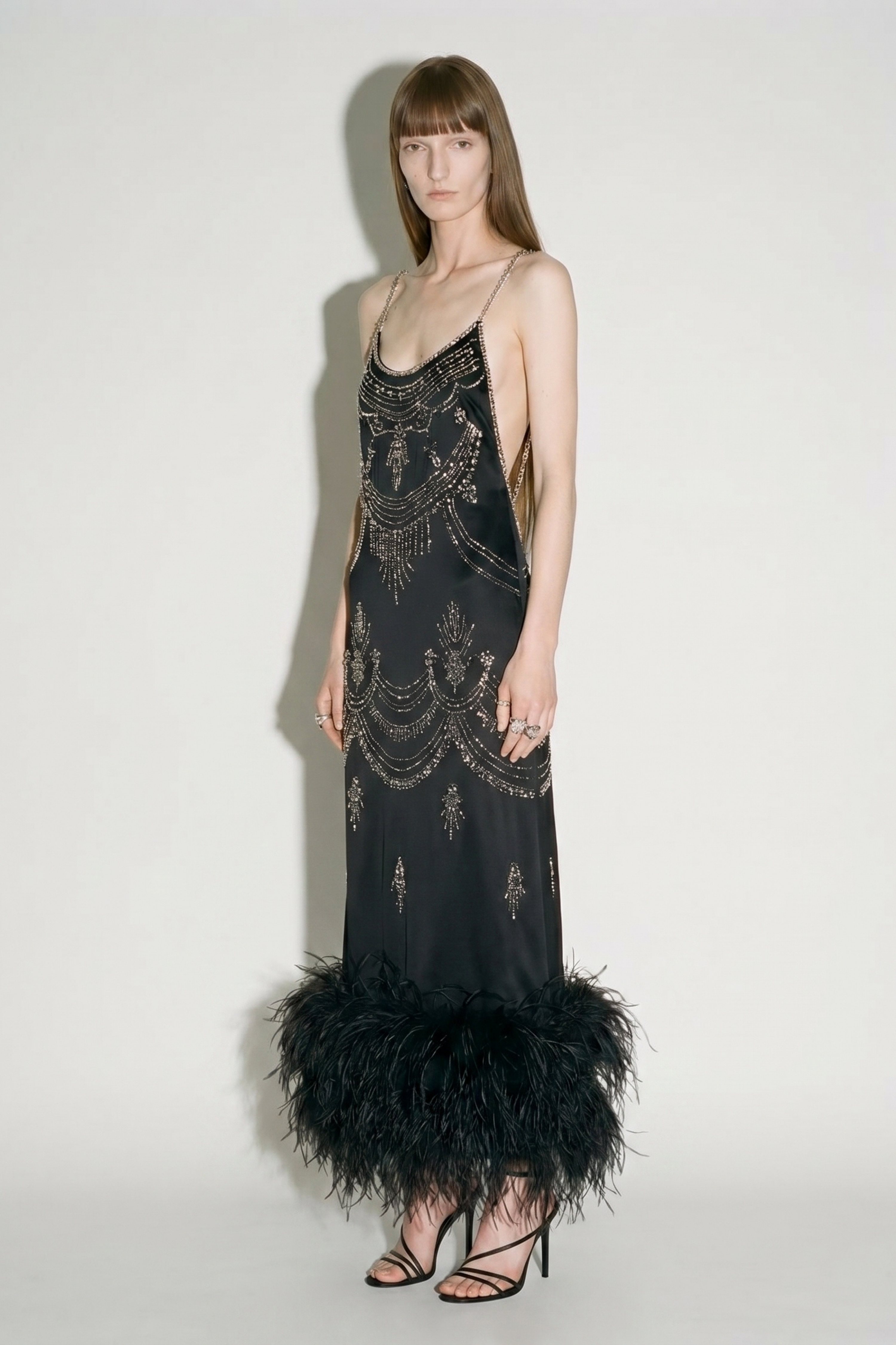 Black Embellished Feather Maxi Dress