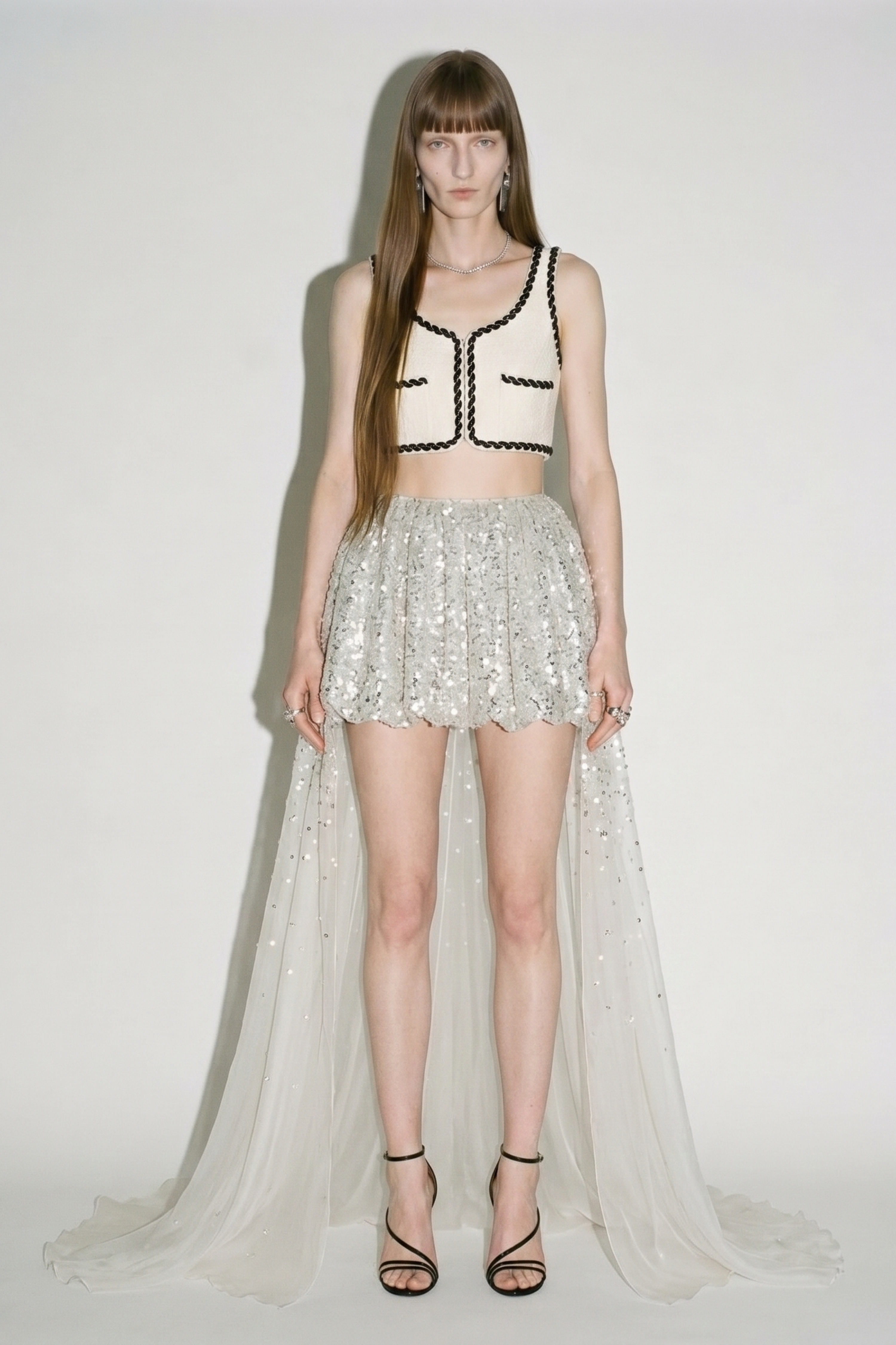 Silver Sequin Tulle Train Skirt