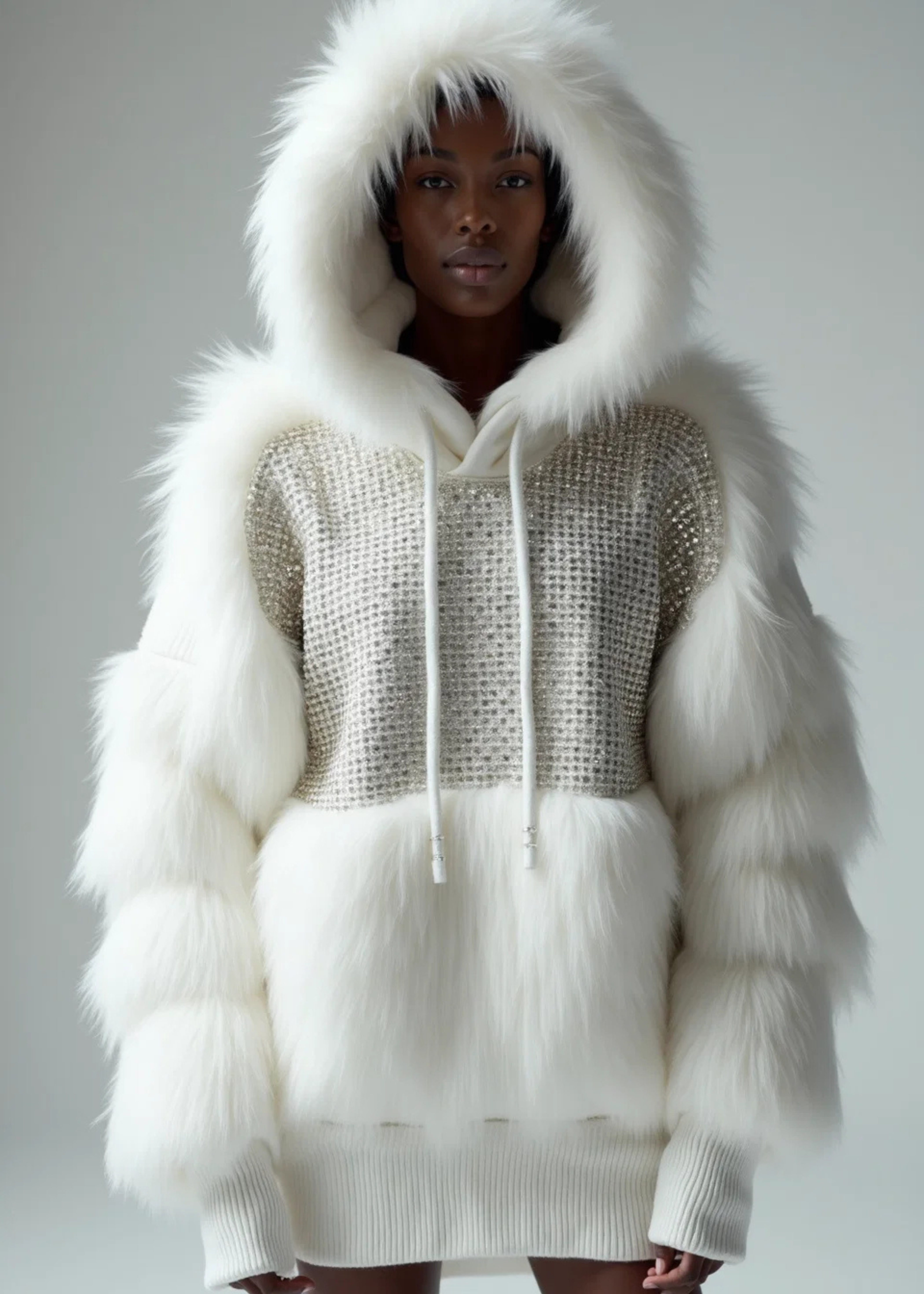 Crystal Detailed Faux-Fur Hoodie