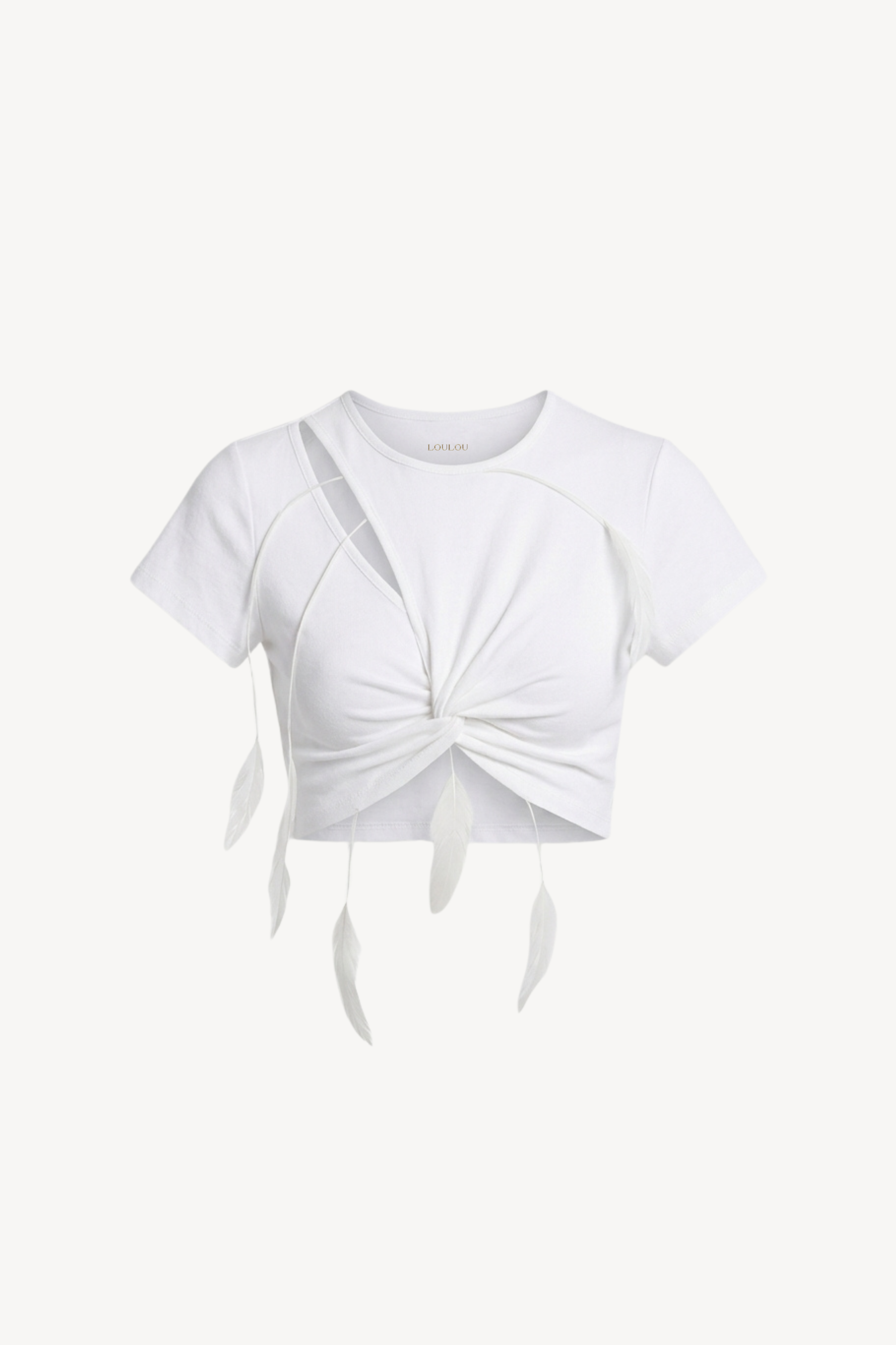 CROPPED COTTON TOP IN WHITE WITH FEATHERS