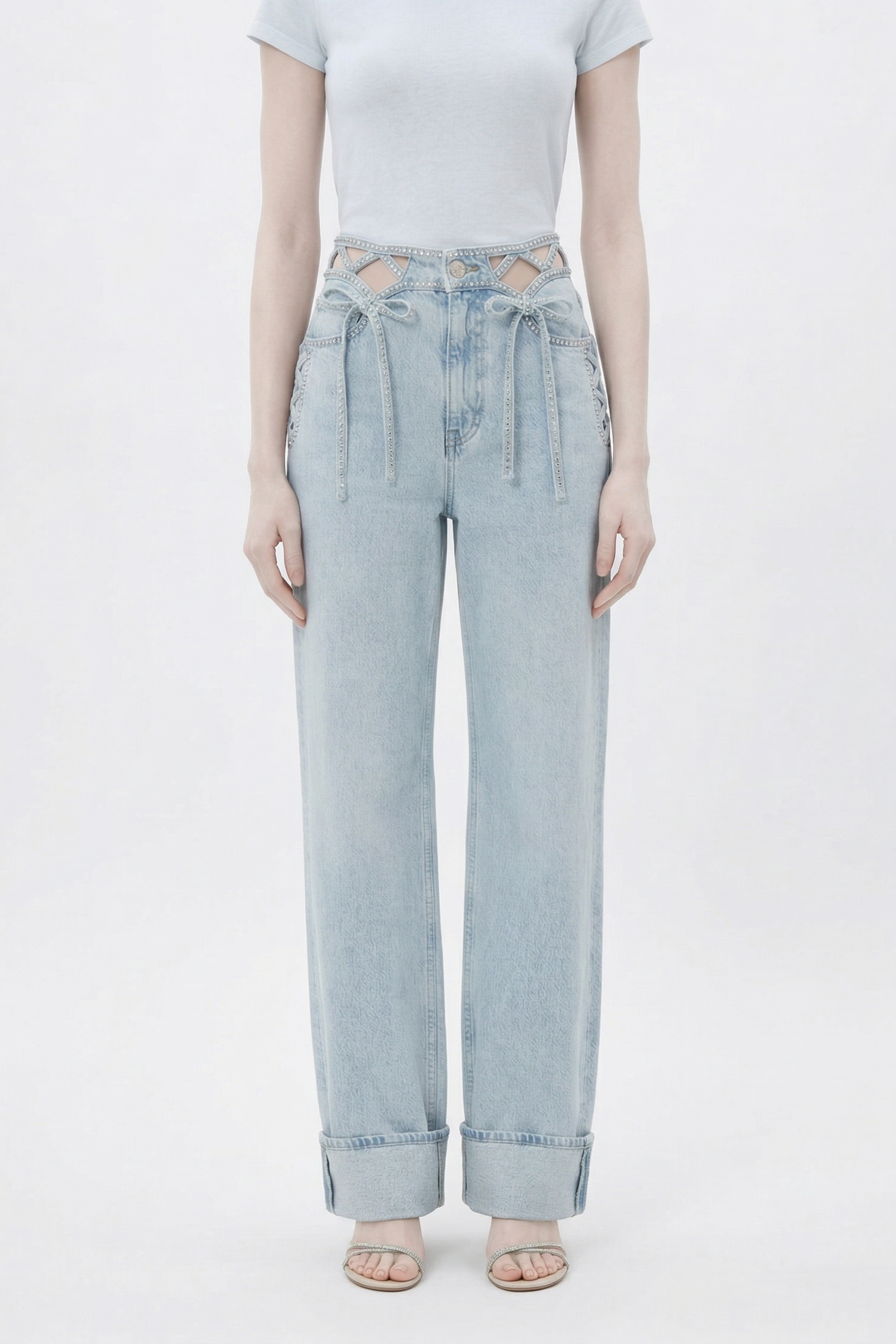 WIDE LEG CUT-OUT WAIST DENIM JEANS