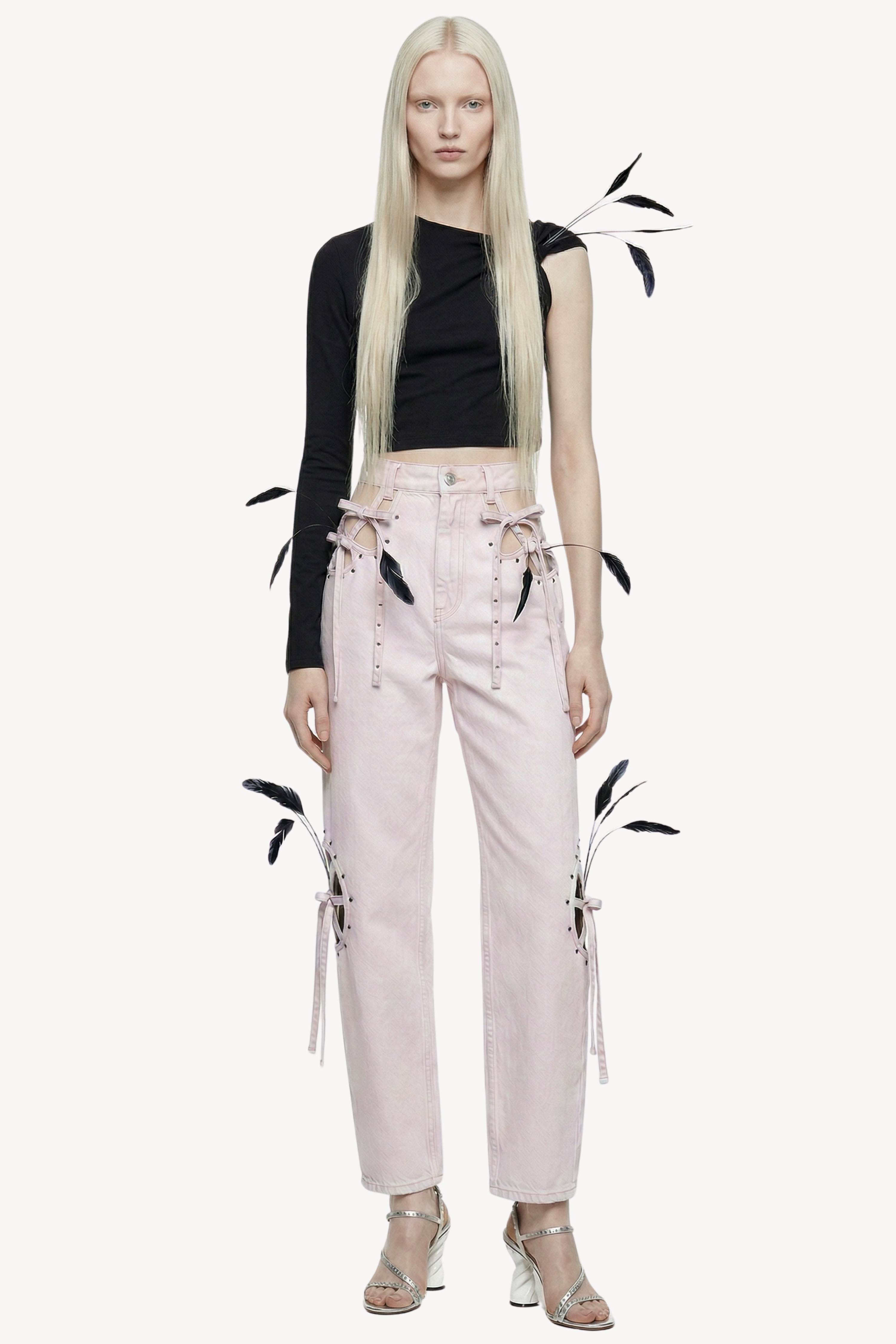 FEATHER LACE-UP DENIM JEANS