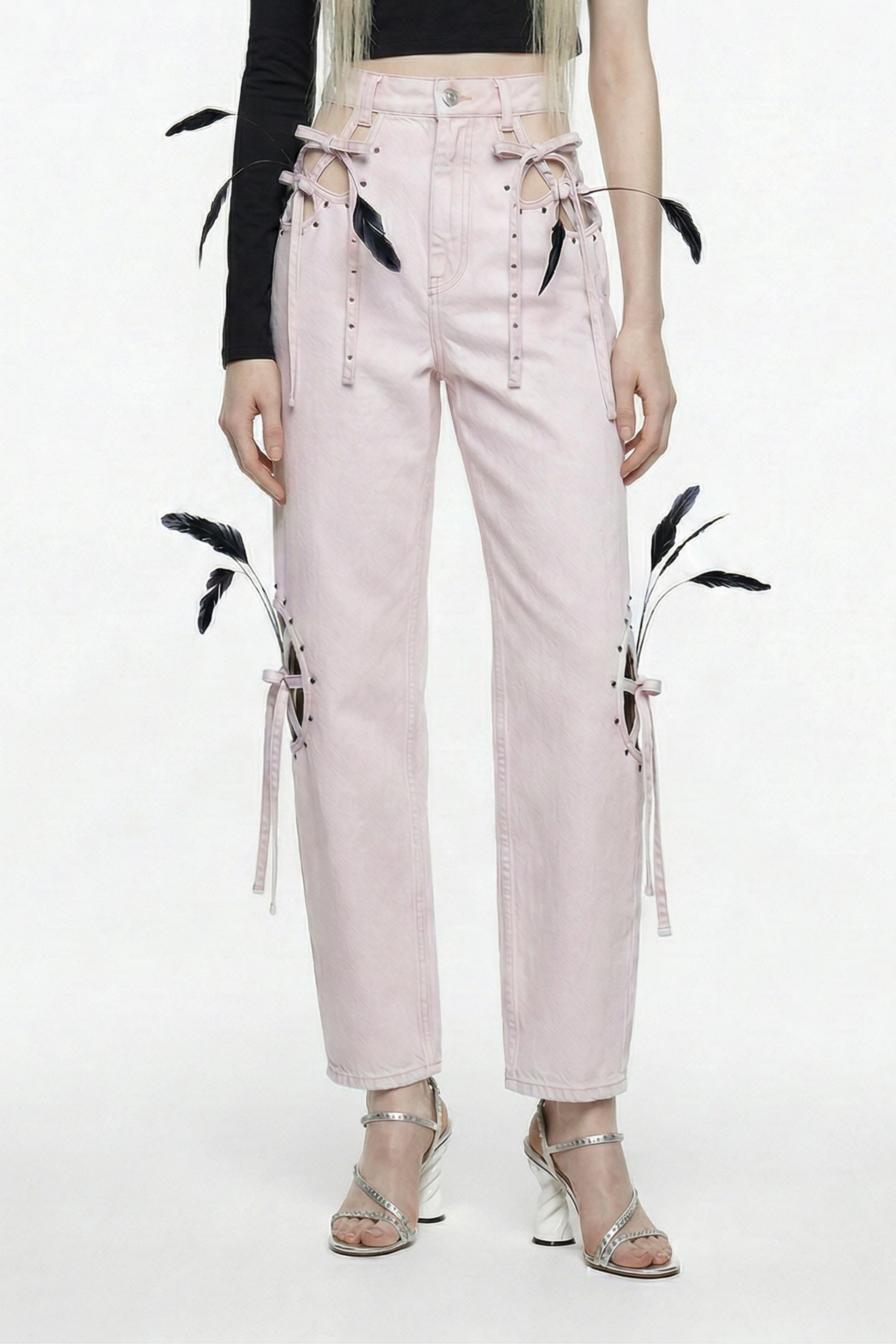 FEATHER LACE-UP DENIM JEANS