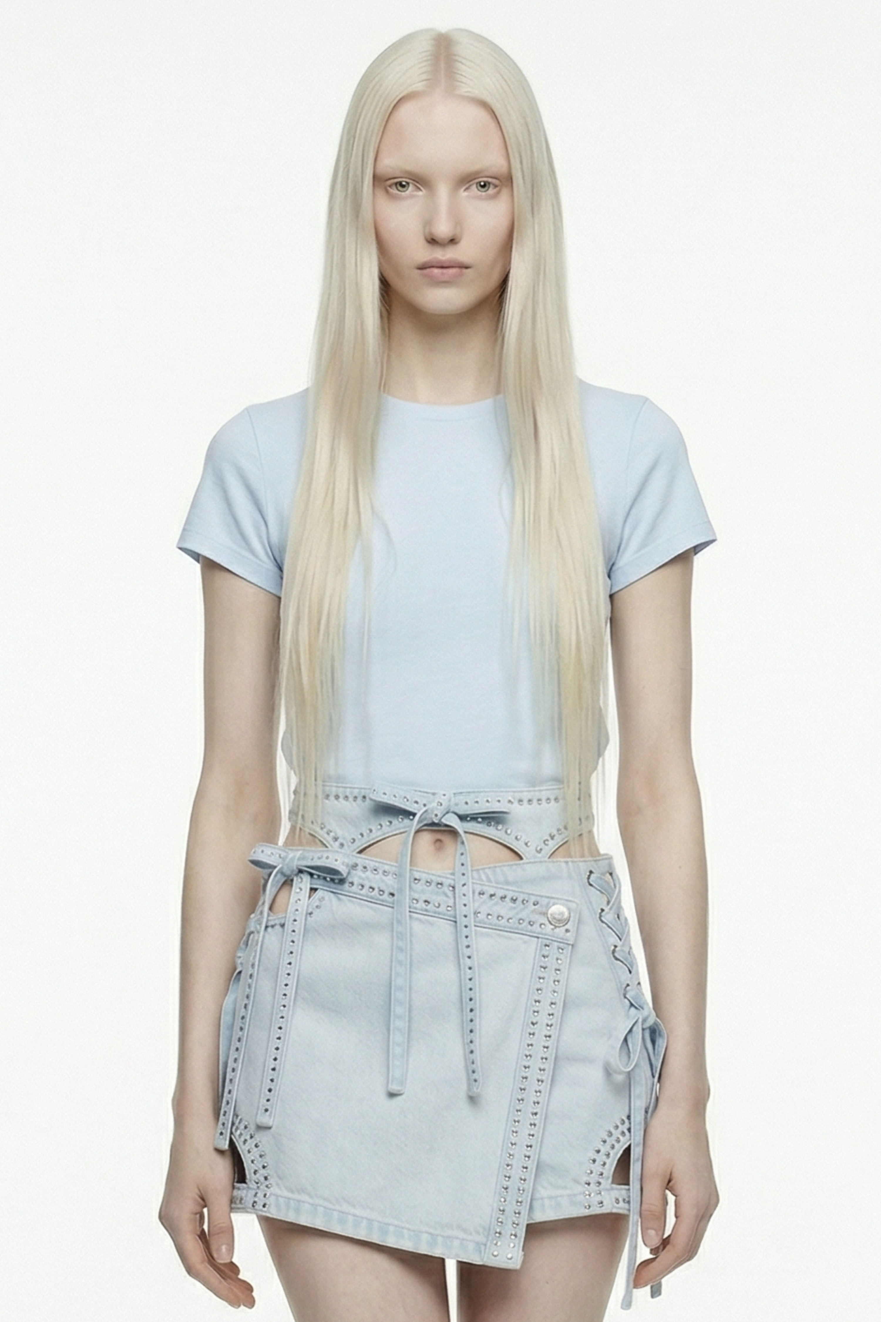 DENIM MINI SKIRT WITH WAIST HARNESS IN LIGHT BLUE