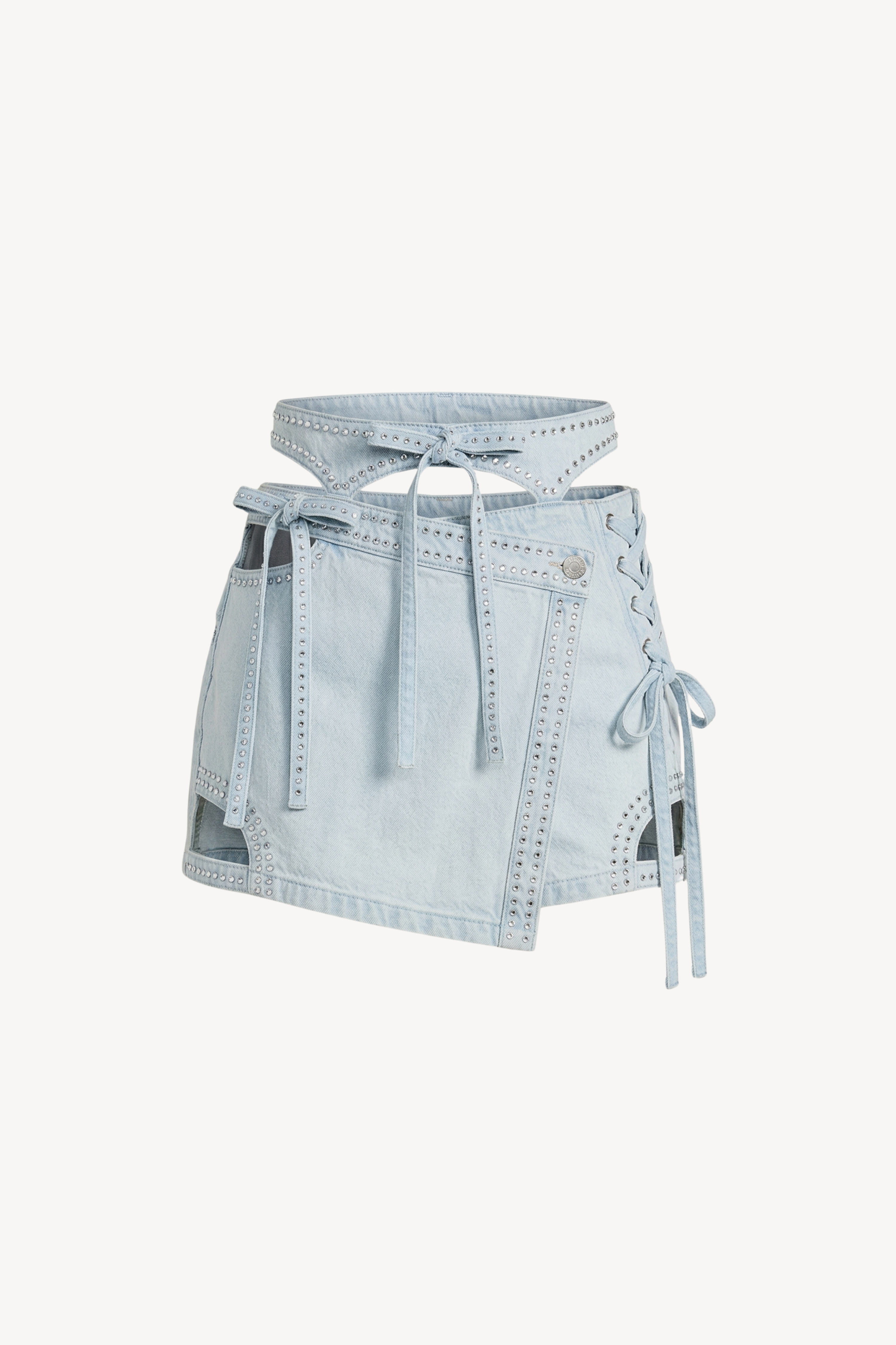 DENIM MINI SKIRT WITH WAIST HARNESS IN LIGHT BLUE