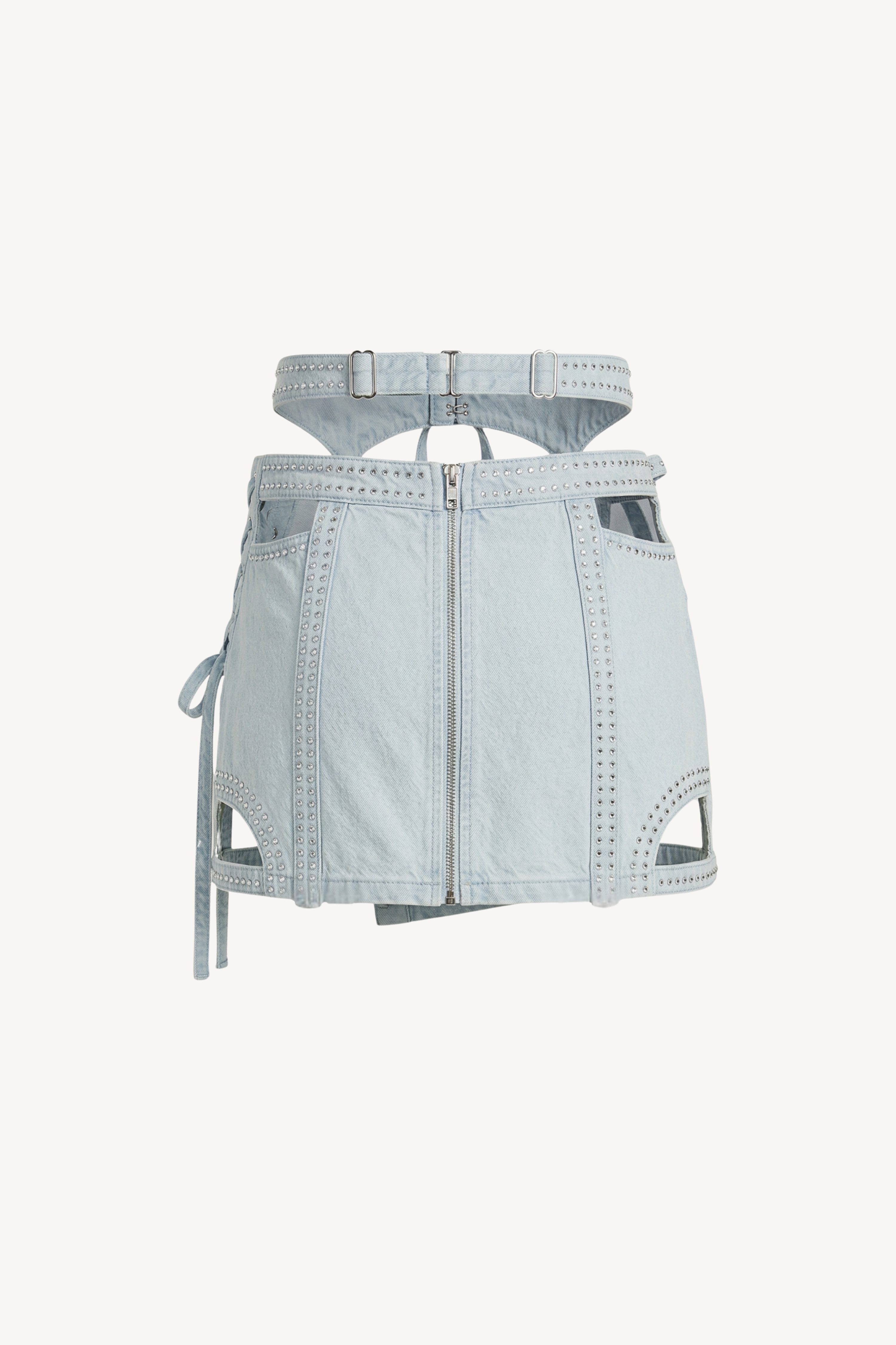 DENIM MINI SKIRT WITH WAIST HARNESS IN LIGHT BLUE