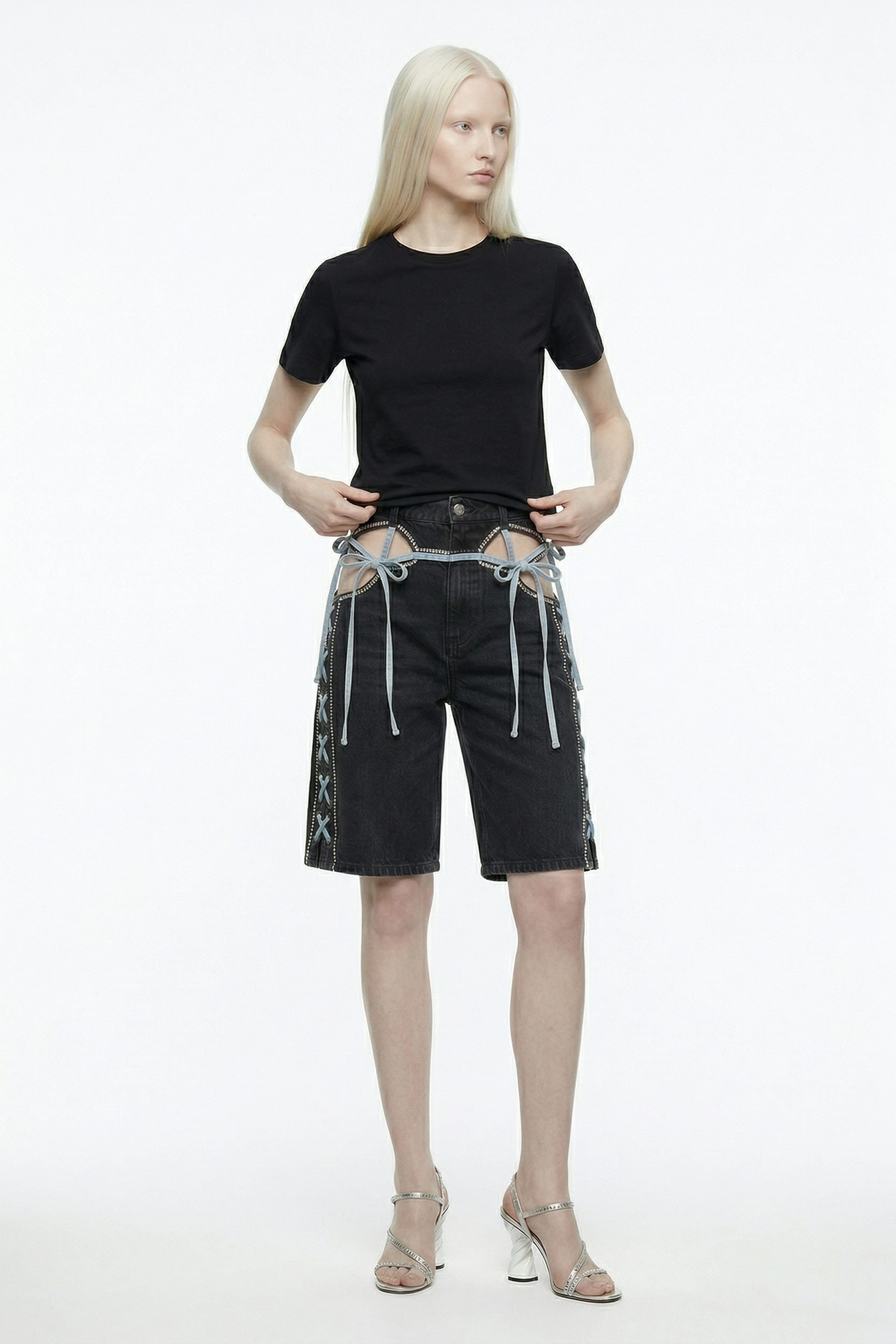 DENIM BERMUDA SHORTS WITH CUT-OUTS IN BLACK