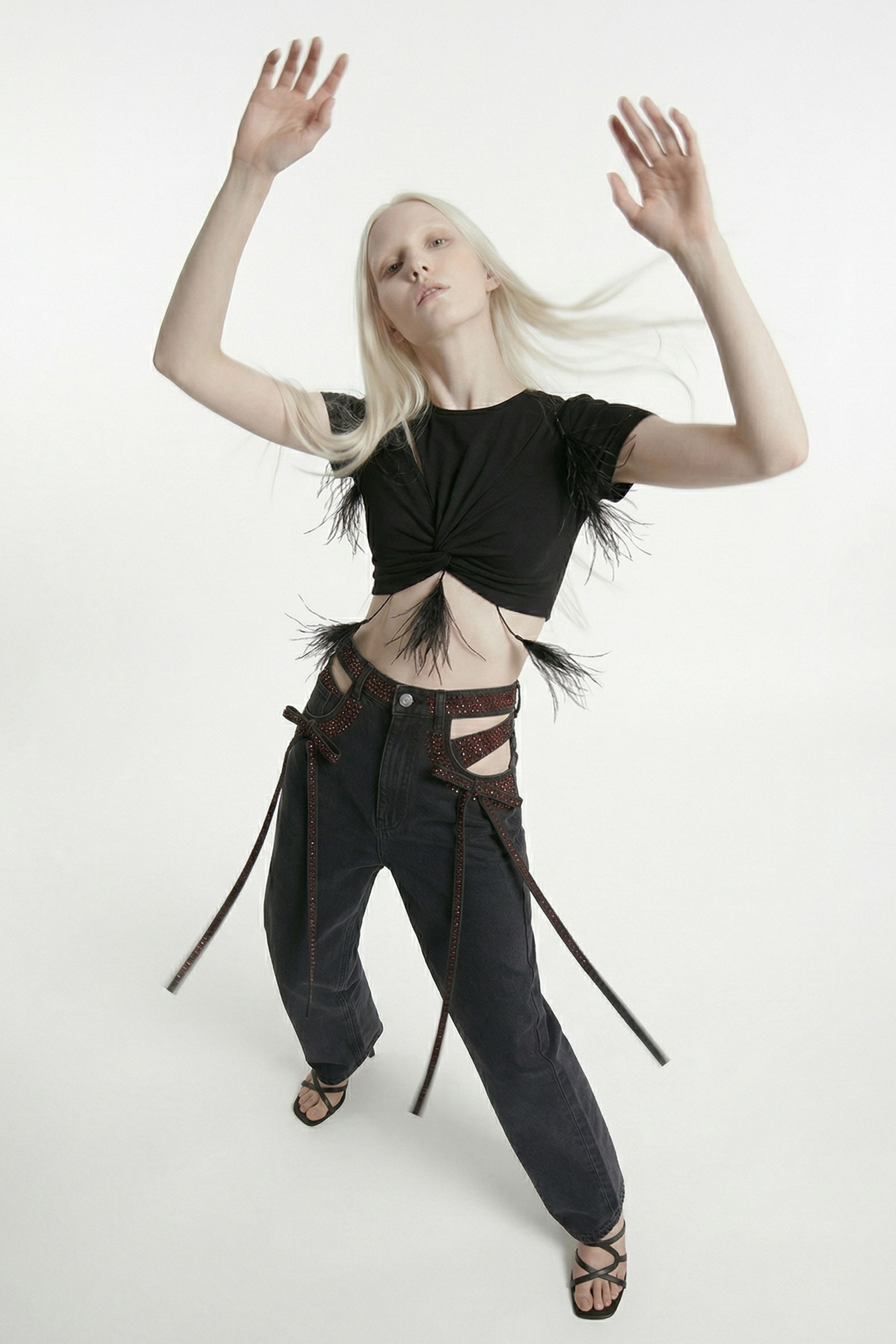 FEATHER EMBELLISHED CROPPED T-SHIRT IN BLACK