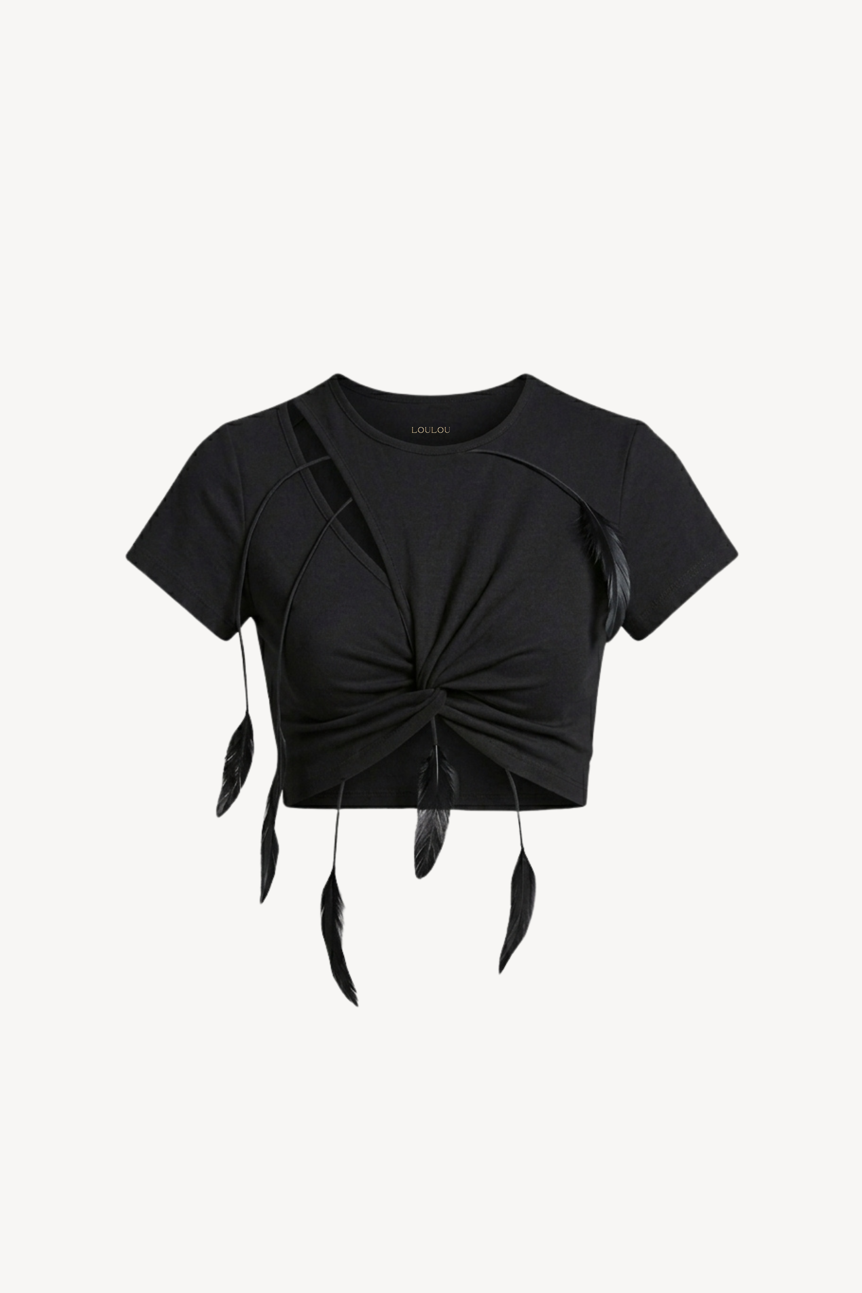 FEATHER EMBELLISHED CROPPED T-SHIRT IN BLACK