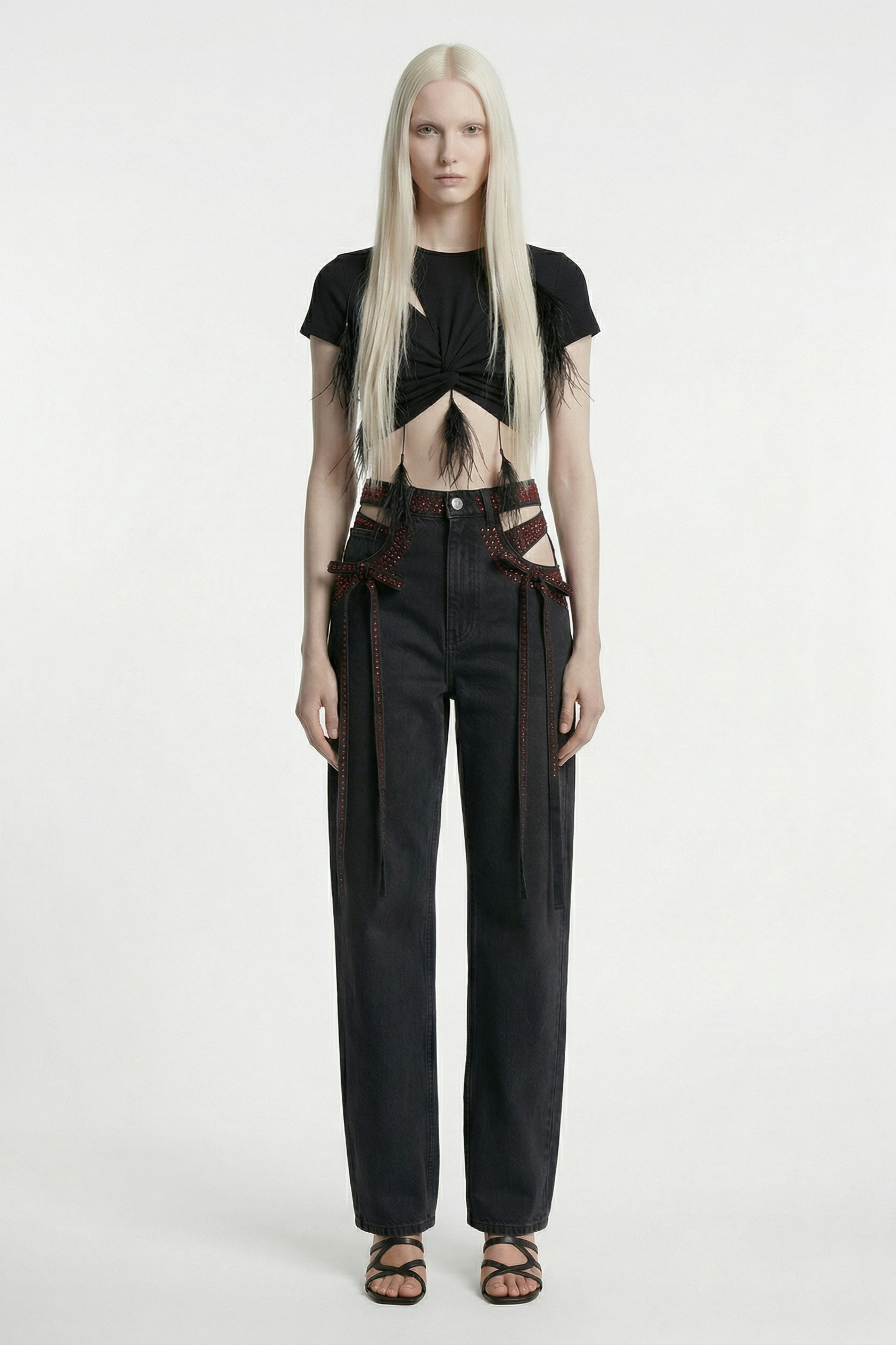 WIDE LEG CUT-OUT WAIST DENIM JEANS IN BLACK