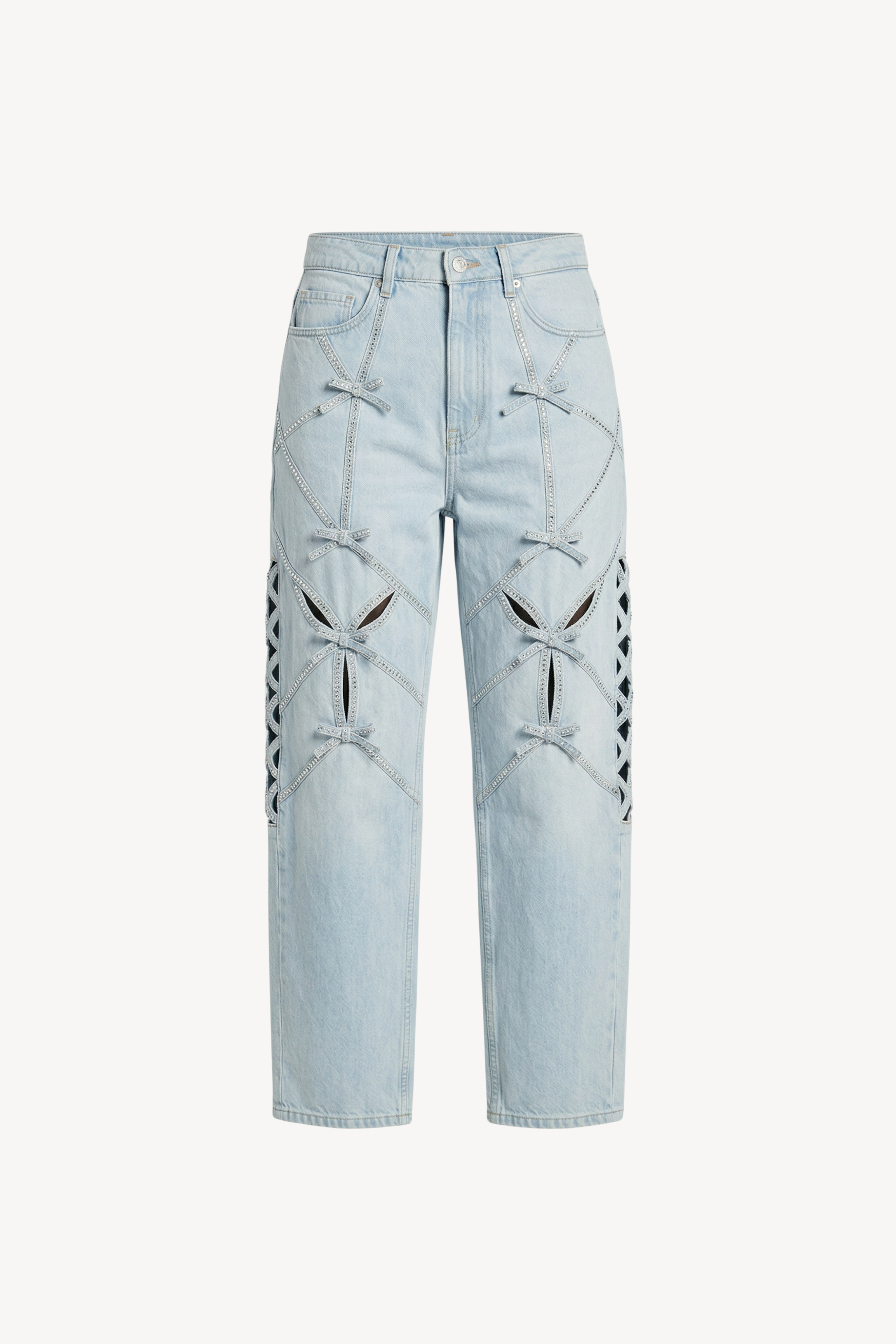 STRAIGHT LEG CUT-OUT DENIM JEANS WITH BOW DETAIL