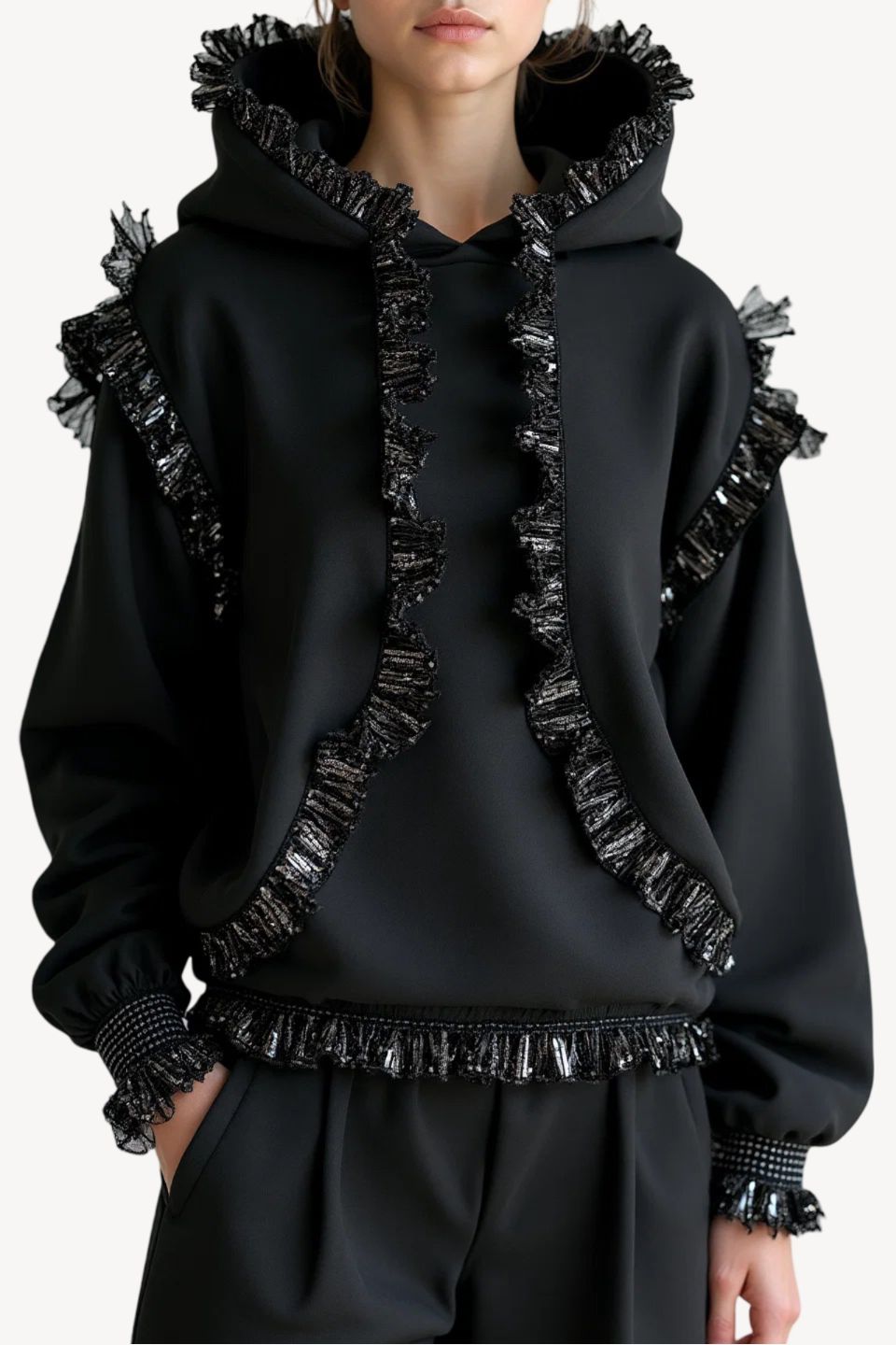 NOIR EMBELLISHED HOODED SWEATSHIRT