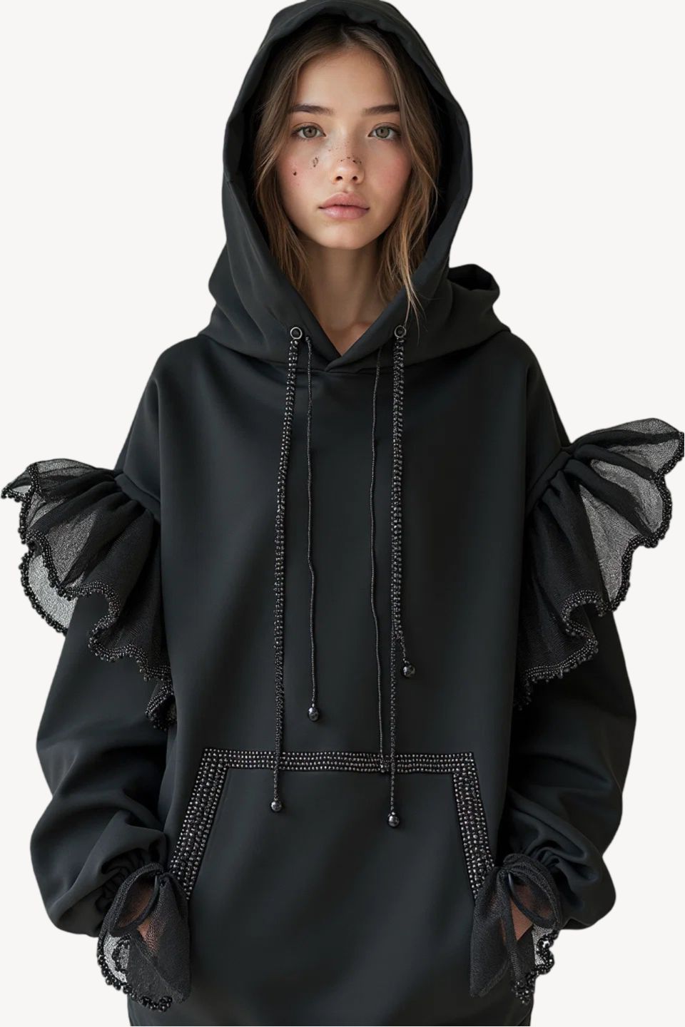 NOIR RUFFLE HOODED SWEATSHIRT